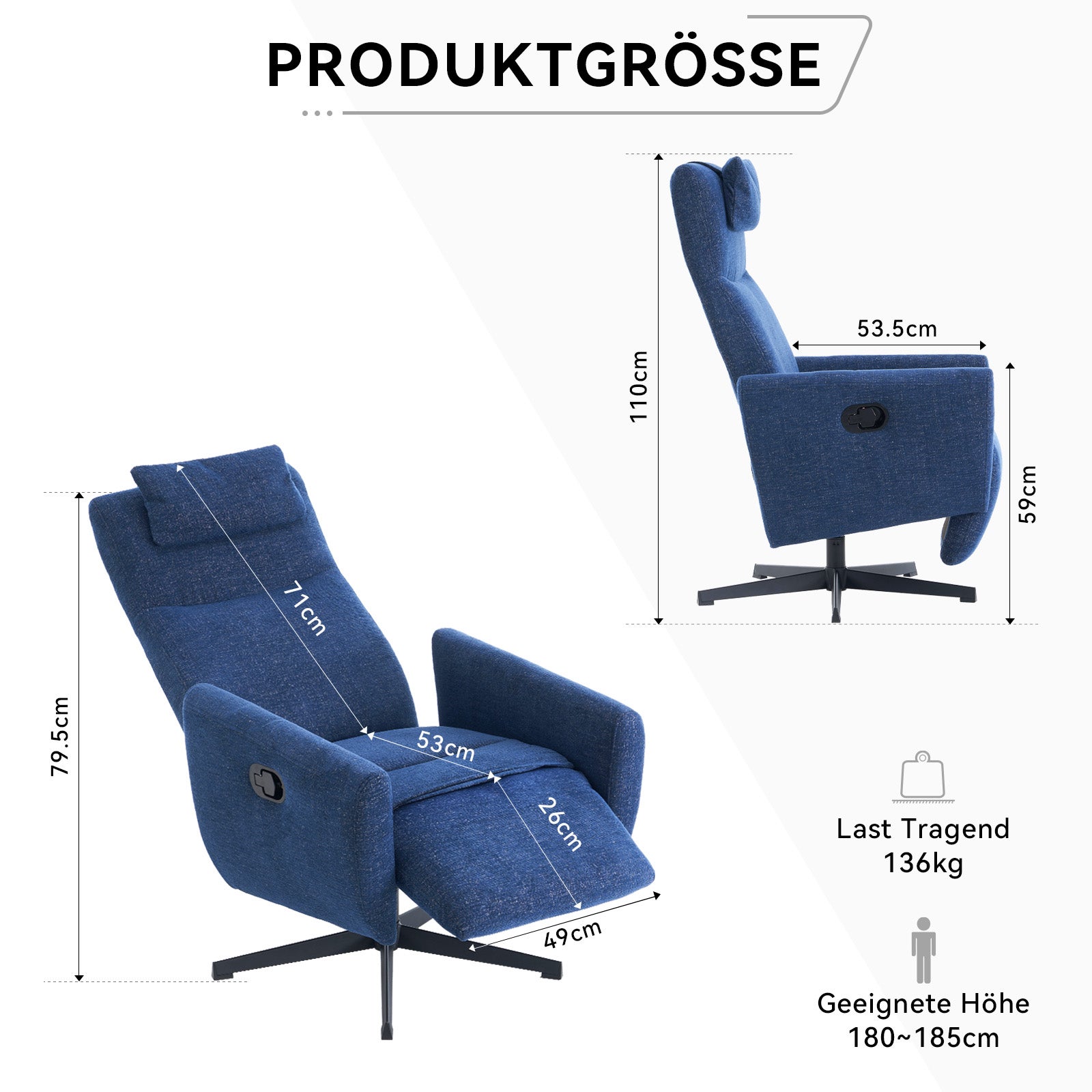 Fauteuil relax bleu avec repose-pieds, inclinable, pivotant 360°, fauteuil TV et lounge pour salon moderne - 3