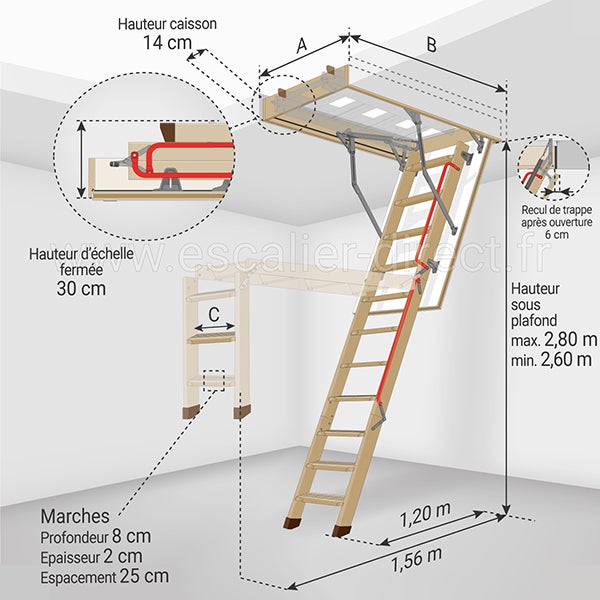 Echelle escamotable bois - Trémie de 70 x 120cm - Hauteur de 2.60 à 2.80m - LWL70120-2 - 2