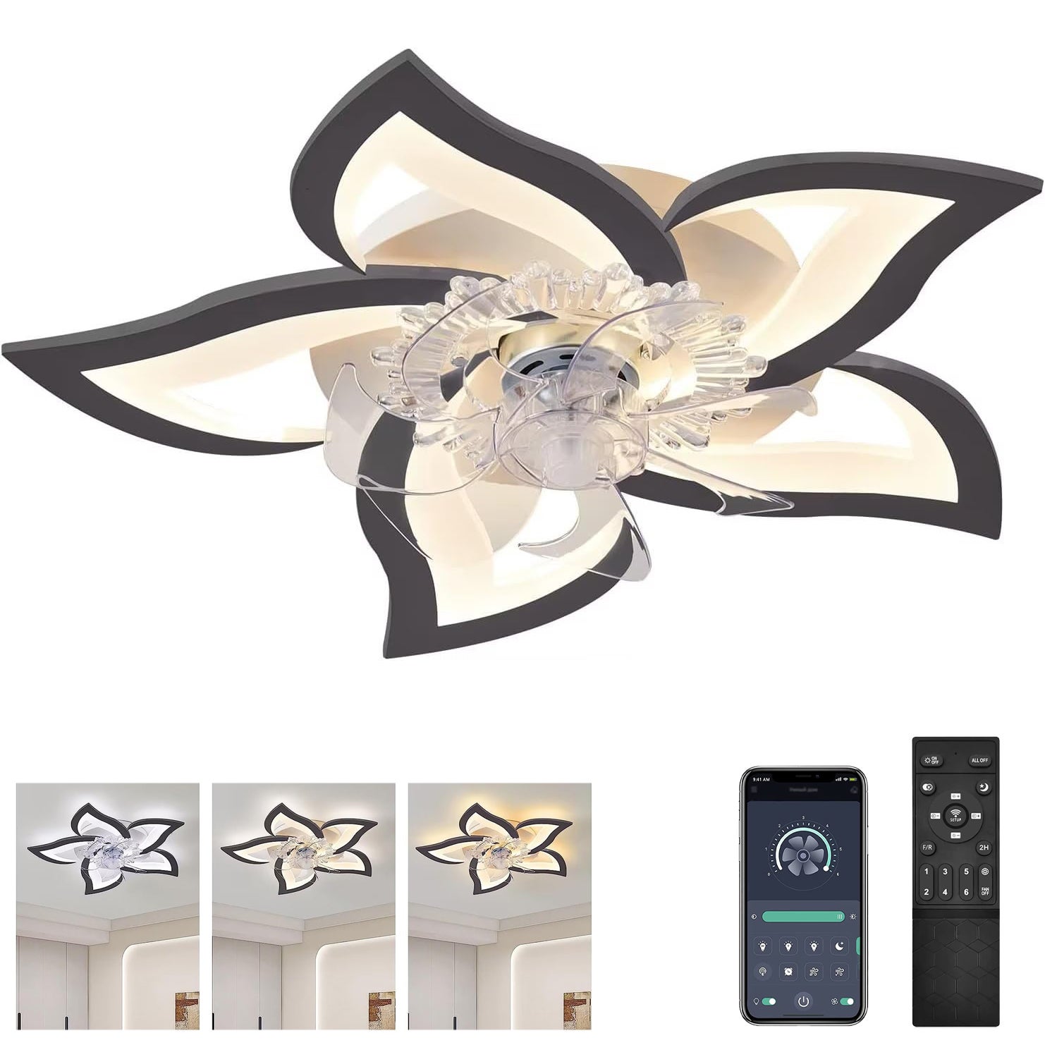 Ventilatore da soffitto per camera da letto da 23 pollici con dimmer a 3 colori, 3 pale in ABS