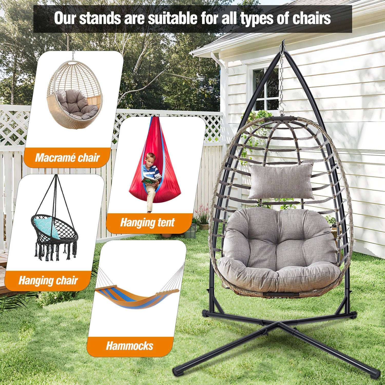 Hamac Fauteuil suspendu extérieur, amovible , cadre solide, pour jardin/terrasse - en Métal jusqu'à 150 kg - Siège suspendu(Fauteuil Non Inclus) - 4