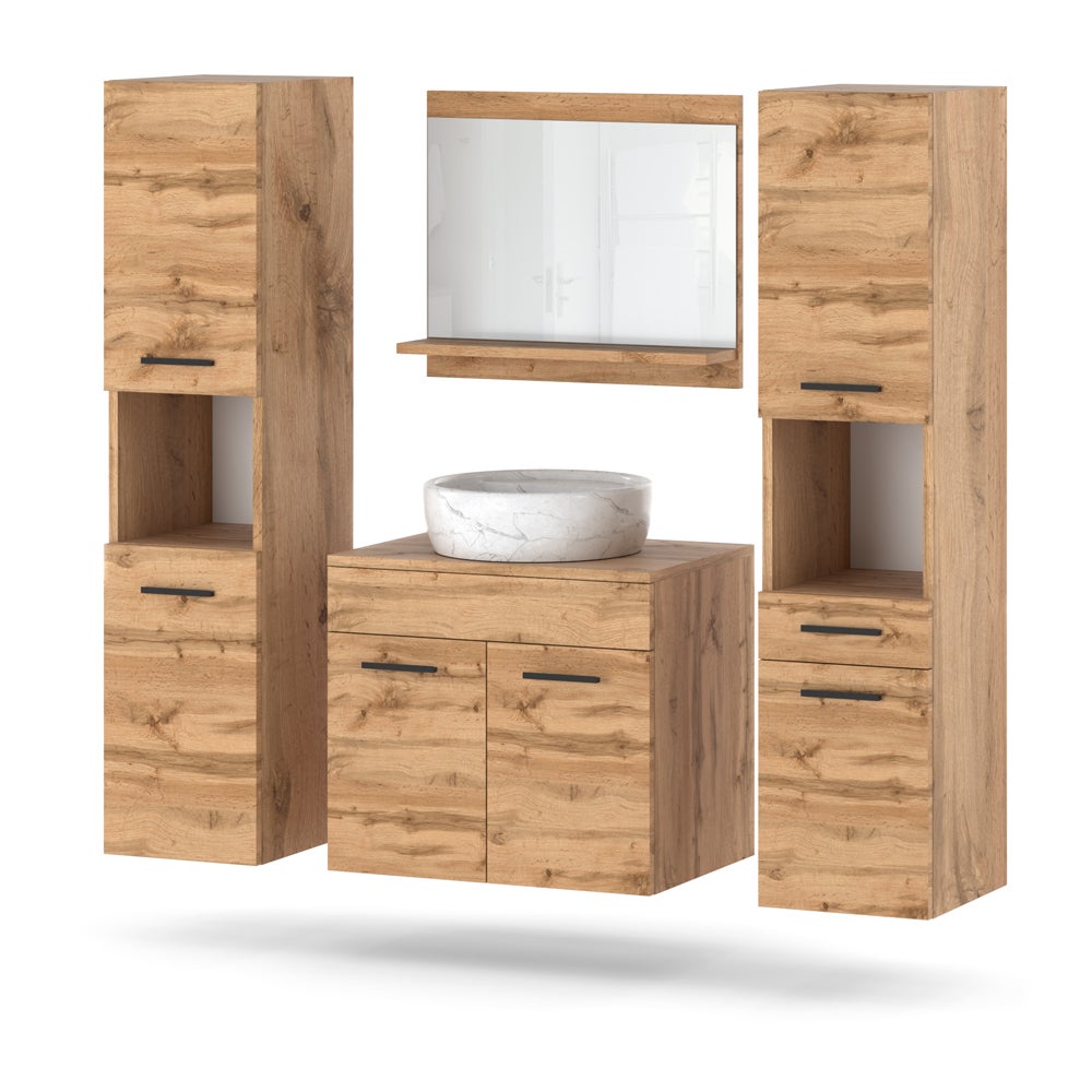 Zestaw mebli łazienkowych 120cm wiszący szafka lustro słupek dąb wotan