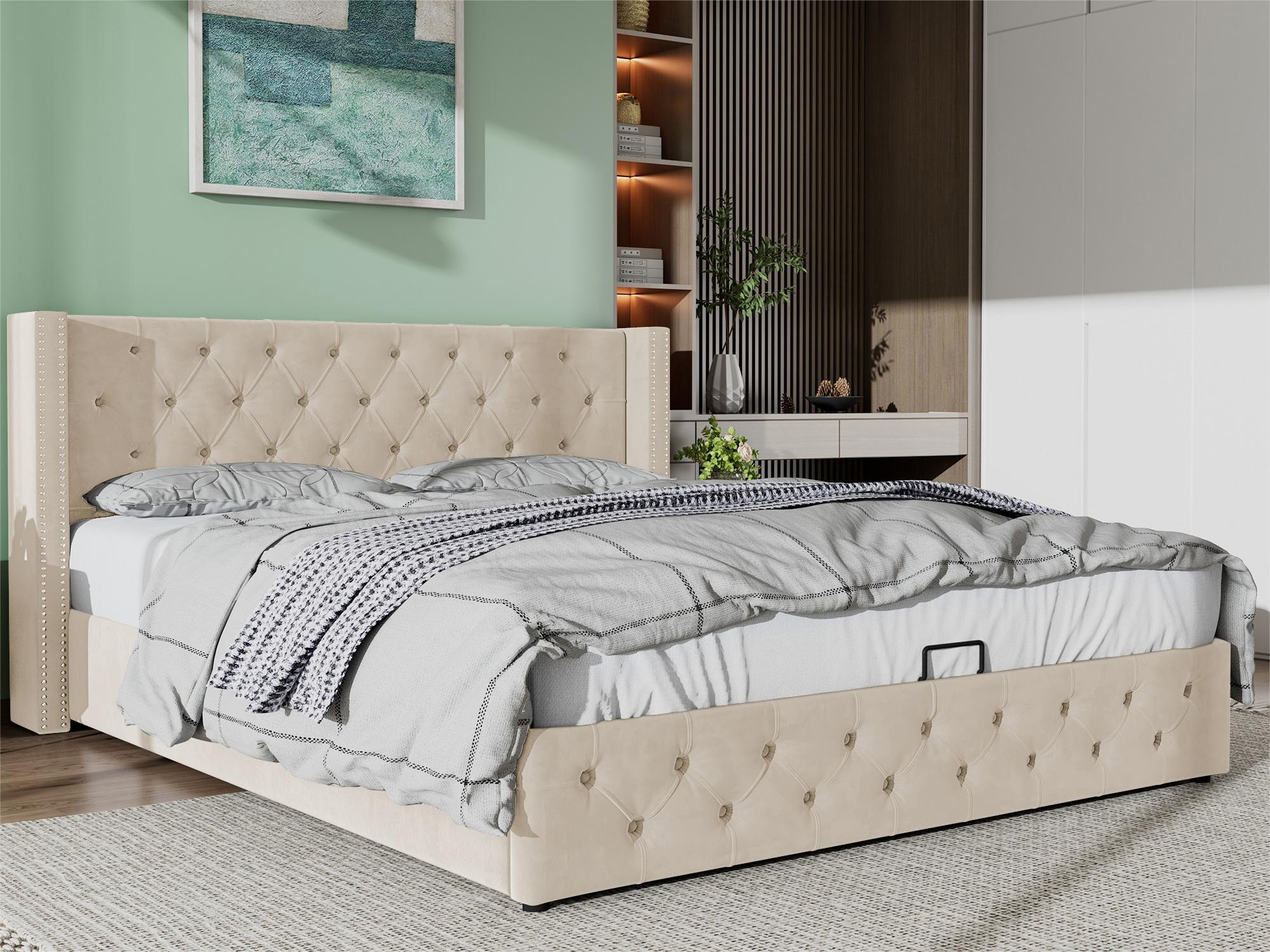 Cama de arrumação 160 x 200 cm, cama de casal estofada em veludo, decoração com rebites e botões, base de ripas, estilo Chesterfield, bege - 2