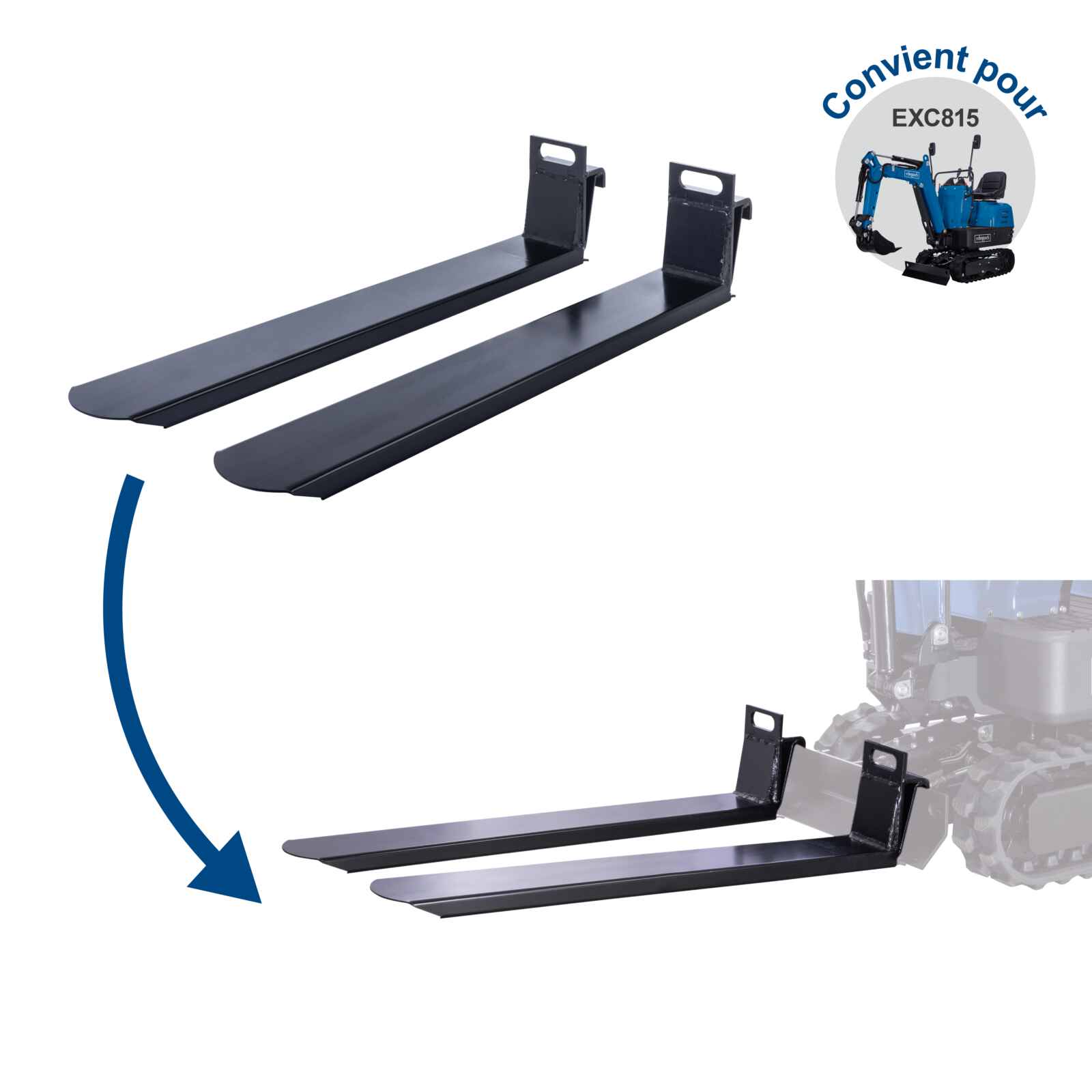 Scheppach Fourche à palettes compatible mini pelle EXC815 - max 120 kg - largeur max des deux dents de fourches 700 mm - 4