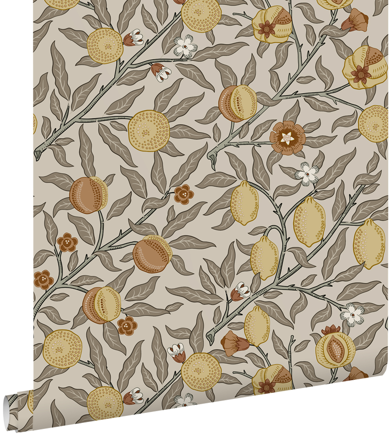 Papel pintado frutas y hojas exóticas verde grisáceo, rojo barro cocido y amarillo ocre - 50 x 900 cm - estahome