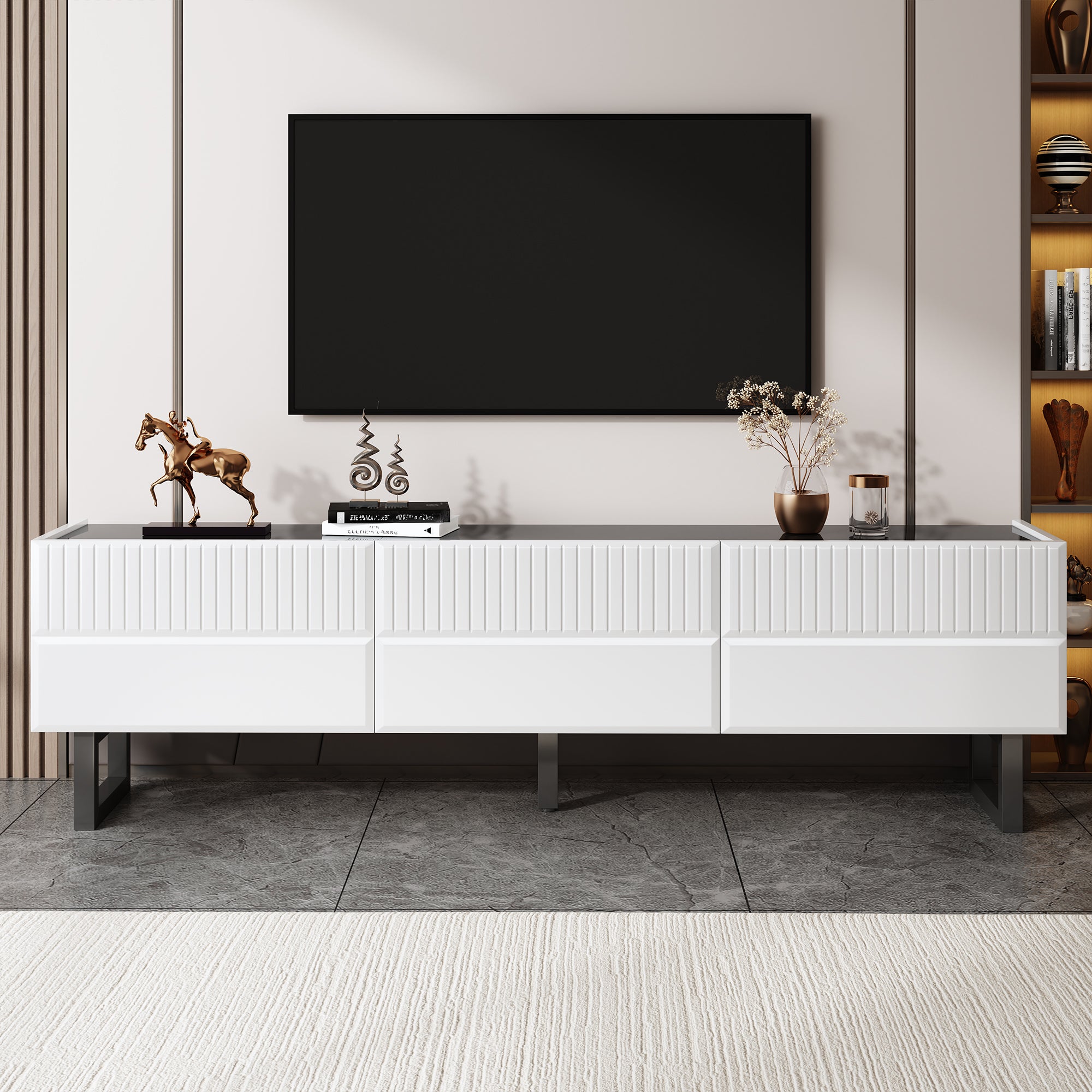 Stojak pod TV z 3 drzwiami - 170 x 35 x 47 cm - Płyta wiórowa, MDF i metalowe nogi - Czarny + biały - 6
