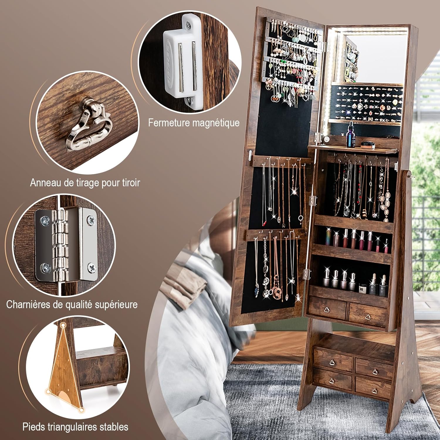 Armoire à Bijoux avec Miroir Pleine Longueur,Organisateur de Bijoux avec Miroir & Lumières LED Intégrées,Étagère de Maquillage Pliable(Marron) - 7