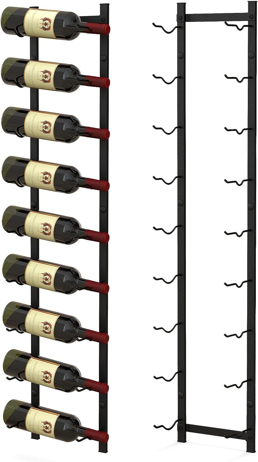 Regał ścienny na 6/9/12 butelek wina, metalowy uchwyt na butelki, regał na butelki, przemysłowy, regał do przechowywania, czarny (9 butelek wina)