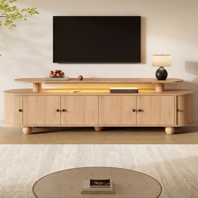 Niska szafka RTV 180 cm z 6 drzwiami i oświetleniem LED - MDF - 180 x 40 x 48 cm - Naturalna