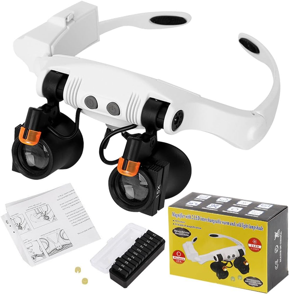 Lunettes Loupe avec 2 Lumières LED, Bijoutier Loupe à Montage sur Tête Lunettes Loupe avec 2 Lumières LED, Bijoutier Loupe à Montage sur Tête