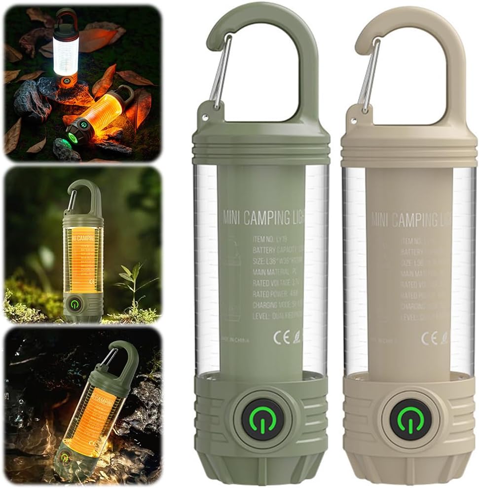 Miniaturowa, ładowalna latarka LED do kempingu z haczykiem, 6 trybów i sygnał świetlny (zestaw 2 szt.)