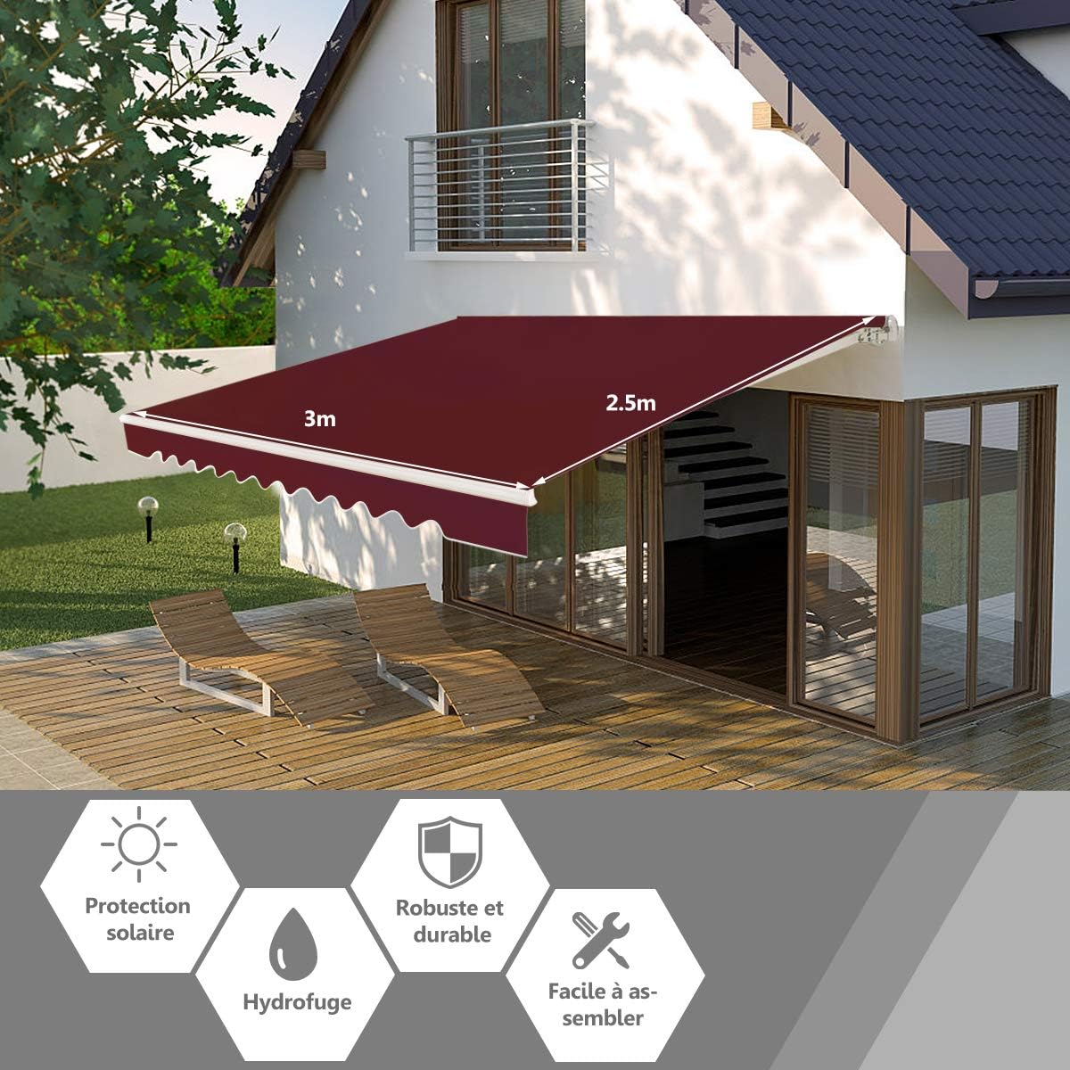 Store Banne de Balcon Rétractable avec Tissu Résistant aux UV et à l'eau, Cadre en Aluminium, Réglable 5-35°,3 x 2,5 m, Bourgogne foncé - 6