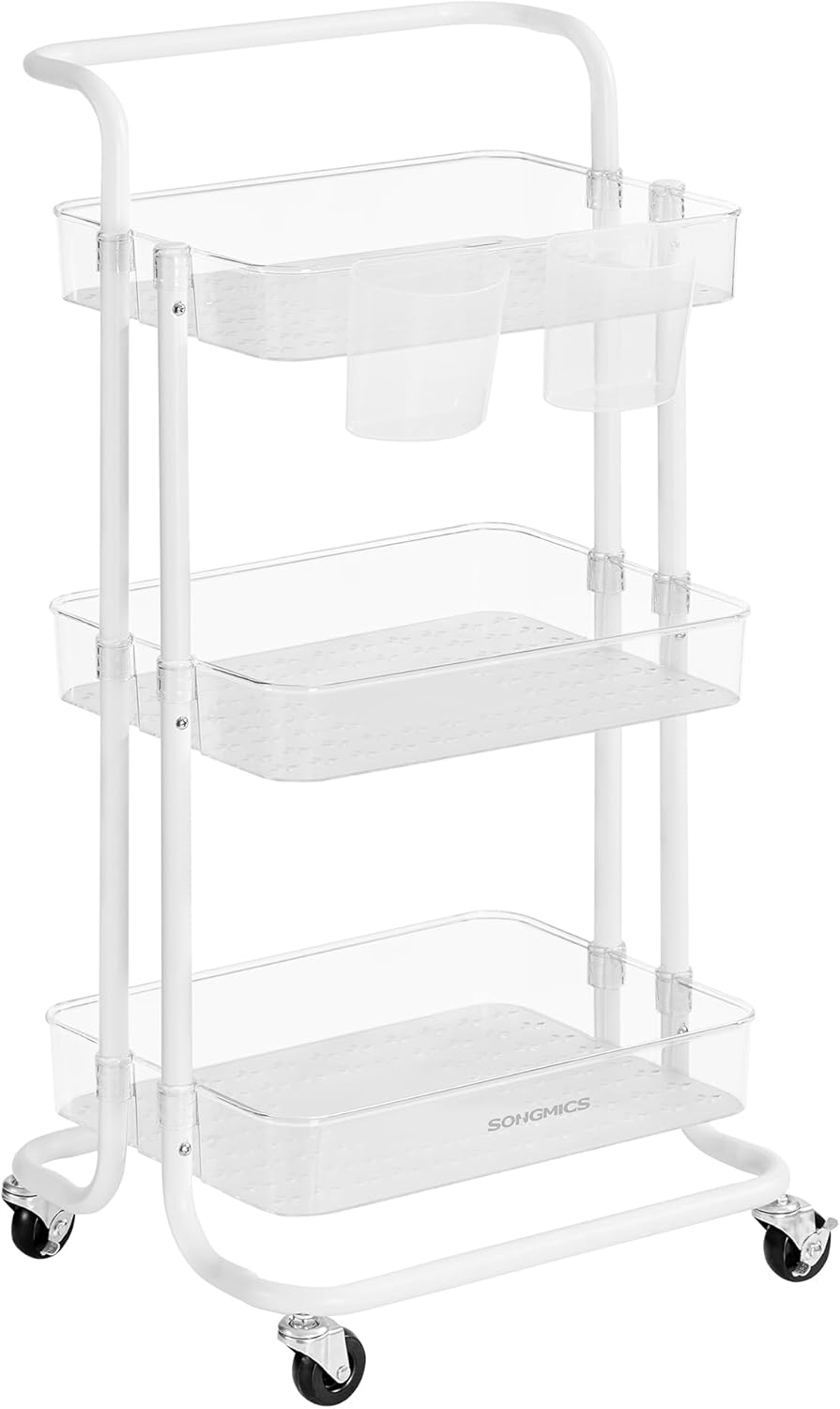 Carrello Portaoggetti 3 Ripiani Regolabile Con Ruote - Scaffale Multiuso Per Bagno, Cucina E Soggiorno - Organizer Da Pavimento In Plastica Bianco