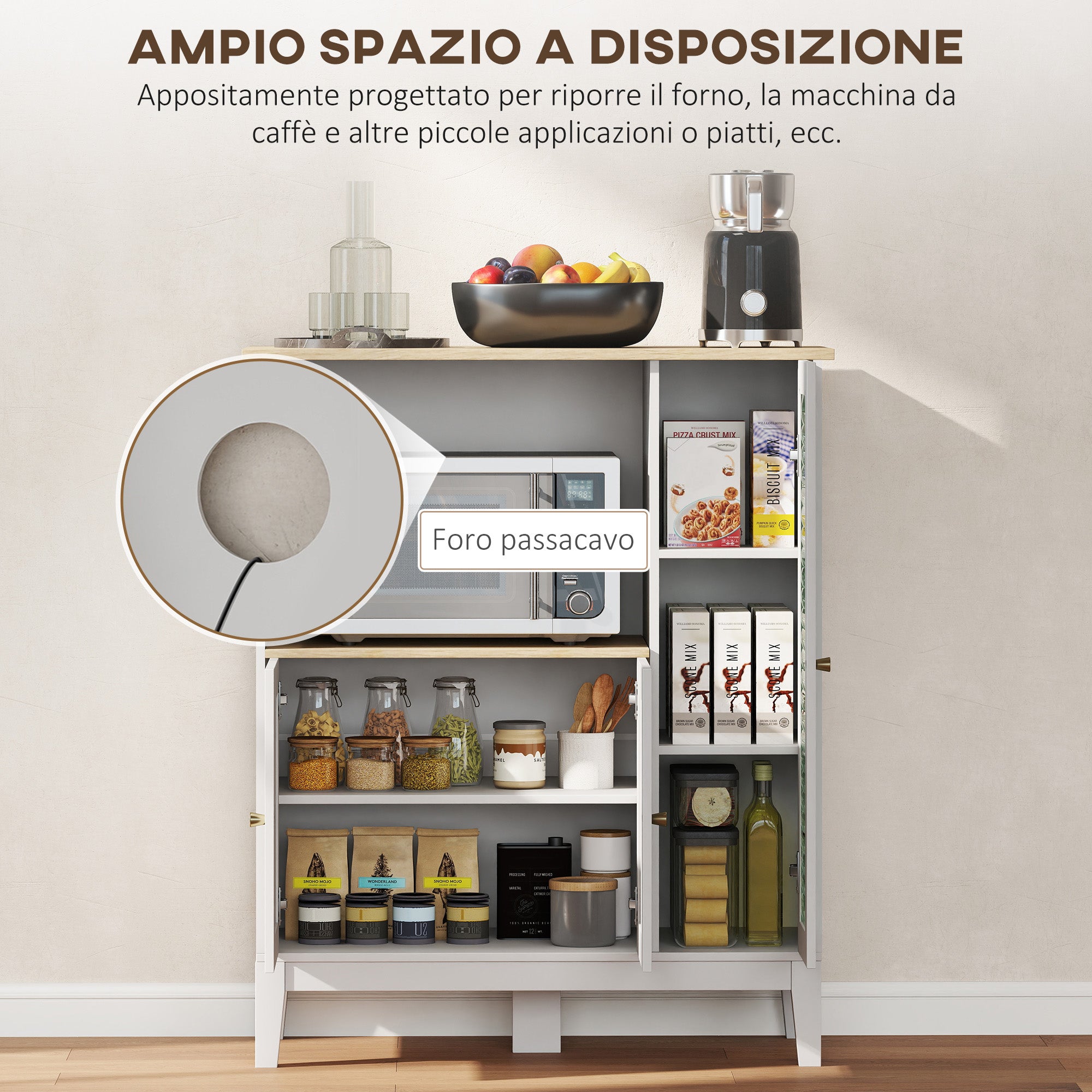 HOMCOM Mobile Microonde con Armadietto Inferiore e 3 Ripiani Laterali con Anta in Vetro, in Legno, 80x35x97 cm, Bianco - 4