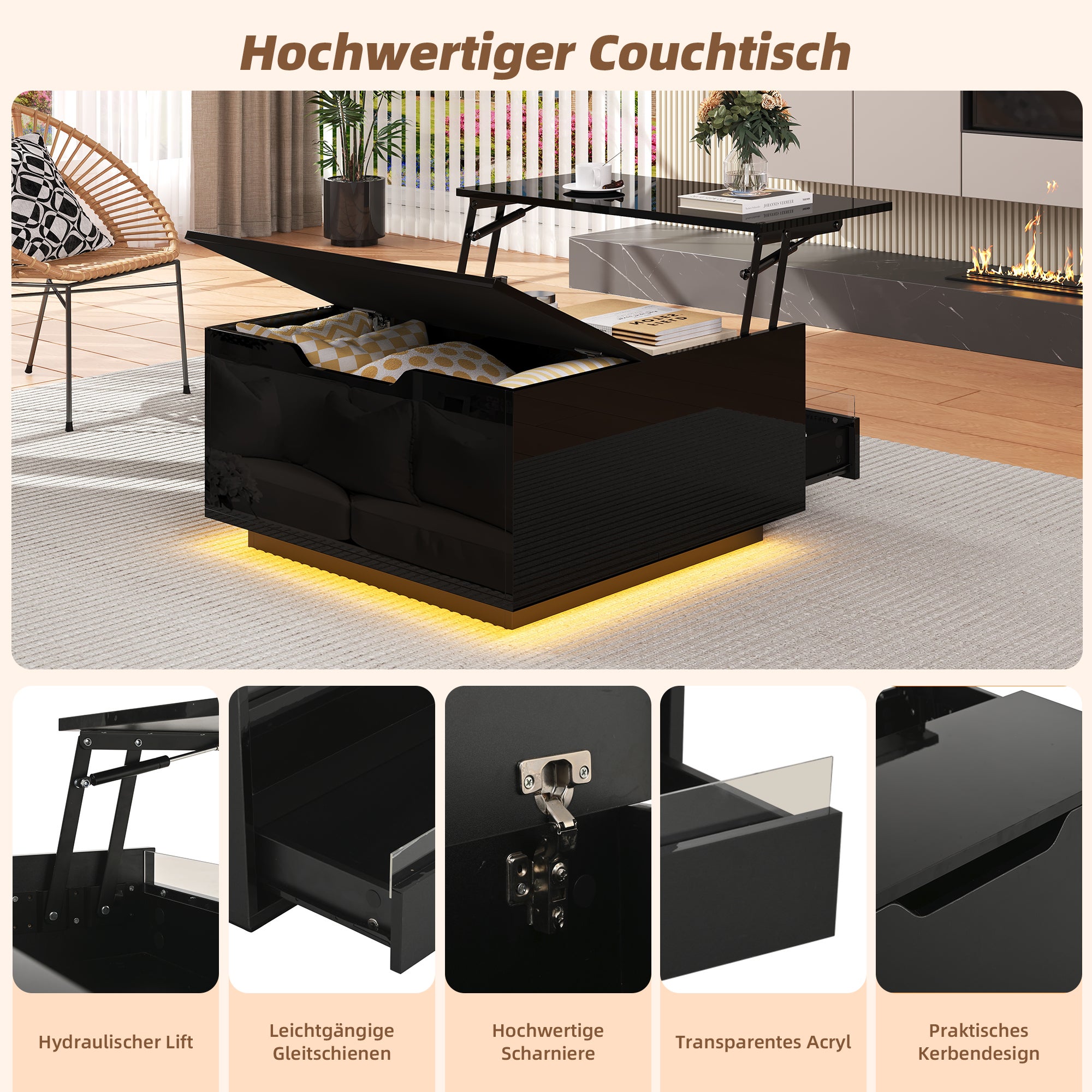 Table basse carrée avec plateau relevable et 1 tiroir - 70 x 70 x 38 cm - LEDs - Panneau de particules - Noir brillant - 8