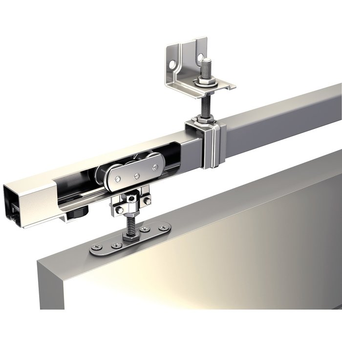 Monture fixation sur chant MANTION - 2 galets Delrin - Vis d'accrochage M10 - Capacité/porte: 80 kg - 235D - 2