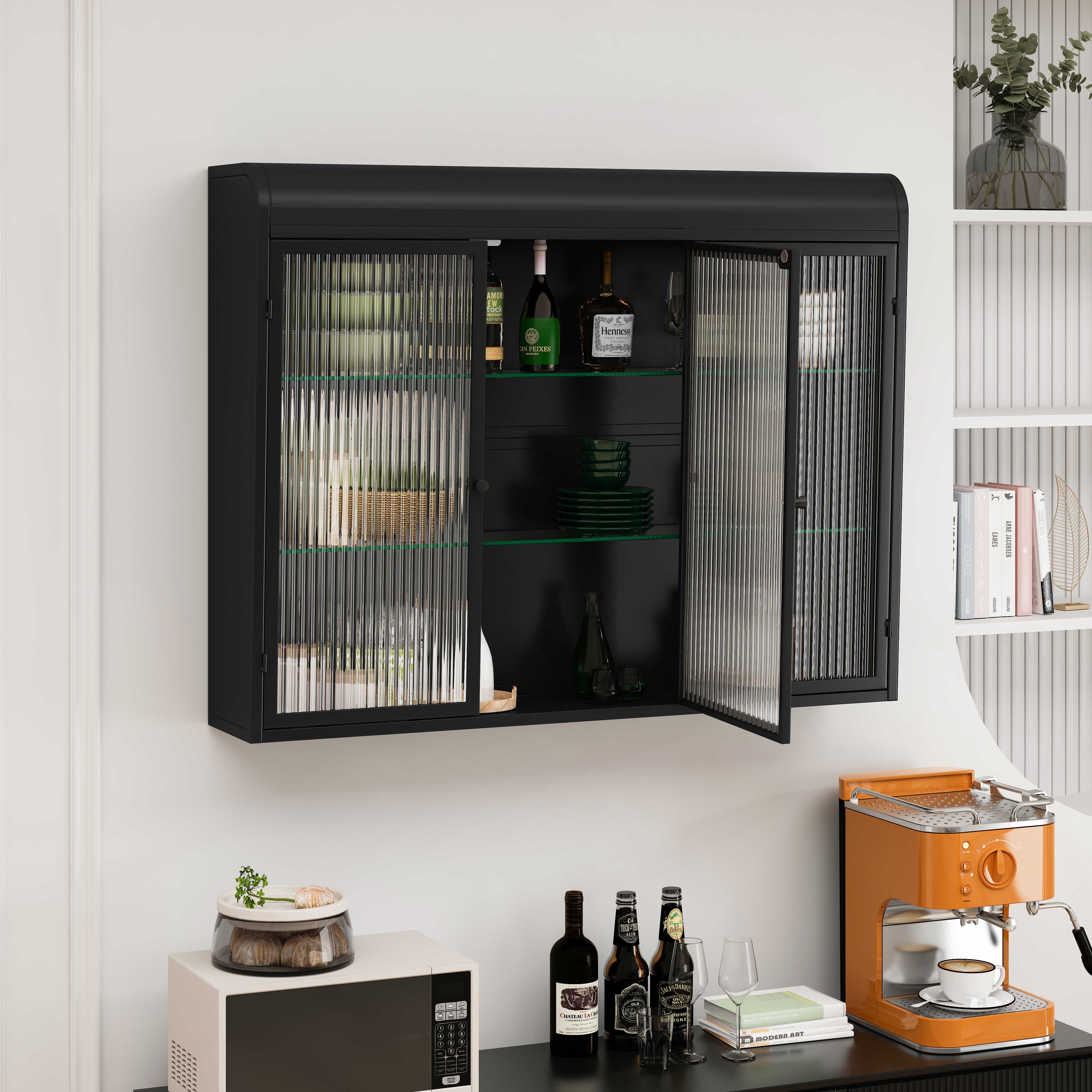 Armadio Da Parete In Metallo Con Anta In Vetro Temperato Nero – Organizzatore Sospeso Per Bagno, Cucina E Piccoli Spazi, 3 Ripiani