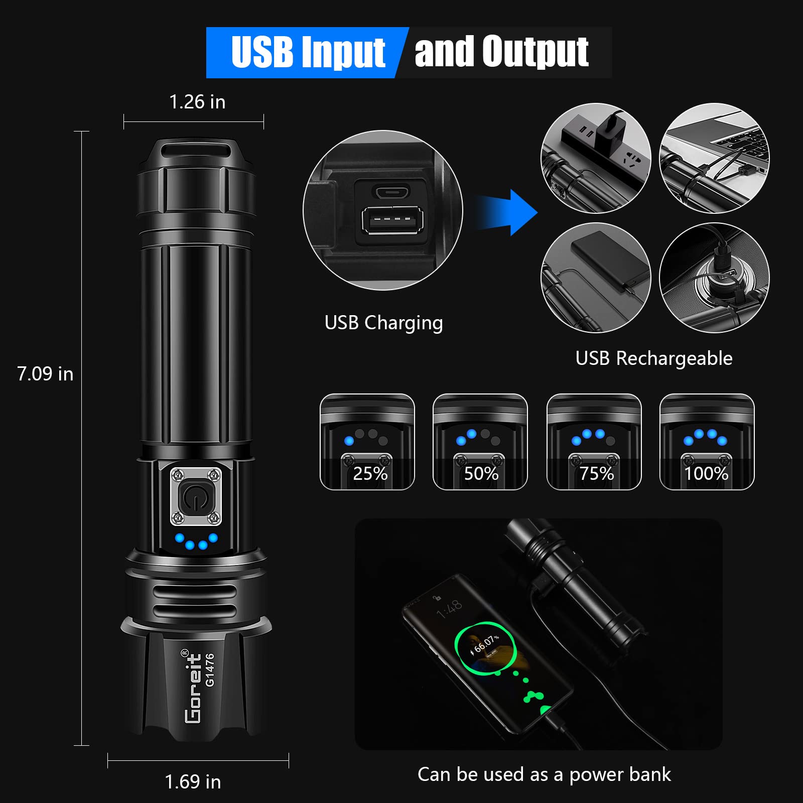 Lampe Torche LED, 2000000000LM Lampe de Poche Rechargeable, Lampe Torche Tactique, 50000mAh Batterie, IPX6 Étanche, 5 Modes & Zoomable - 4