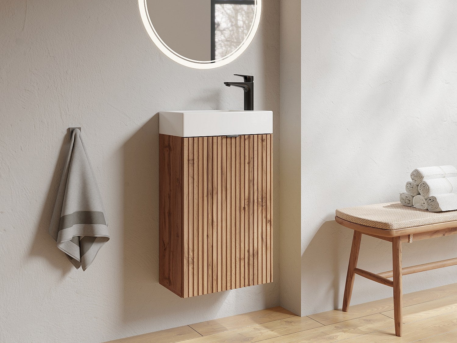 Meuble pour lave main strié porte réversible naturel clair - H60 x L40 x P22 - VAHIRA - 4