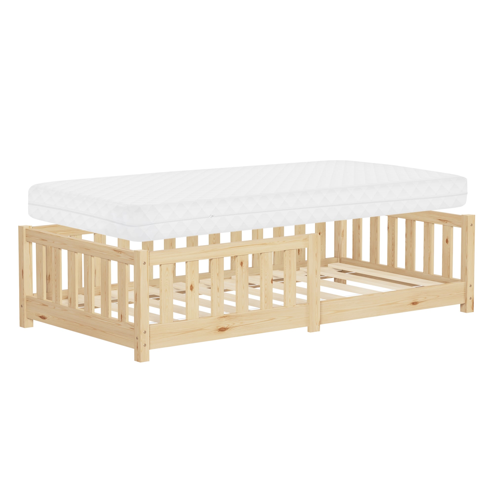 ML-Design łóżko dziecięce montessori 80x160 cm naturalne podlogowe z materacem solidnym stelazem i zabezpieczeniem lite drewno sosnowe