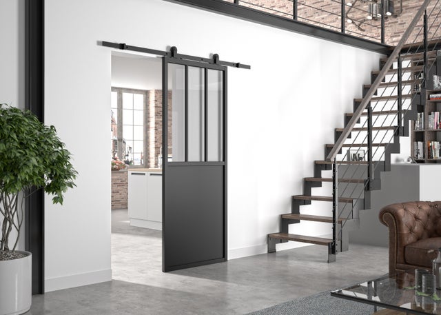 Kit porte coulissante atelier noir + rail apparent acier noir - vitre claire - H204 cm x L73 cm