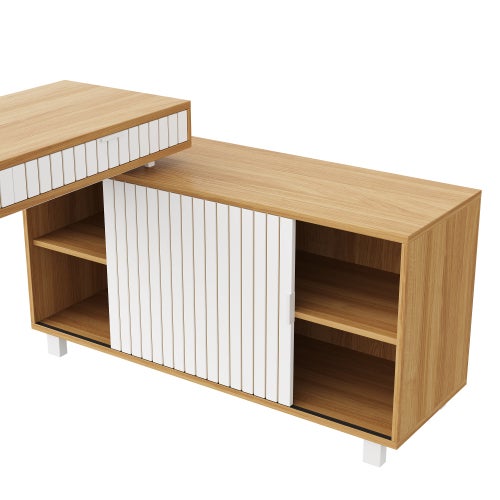 Bureau en L 140x120x76,5cm, style moderne, motif à rayures verticales, pieds en acier, deux tiroirs, grand espace de rangement - 7