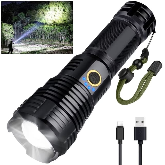 Lampe Torche LED USB Rechargeables 90000 Lumens, XHP70 Zoomable Étanche Puissantes Lampes de Poche 5 Modes avec Indicateur D'alimentation