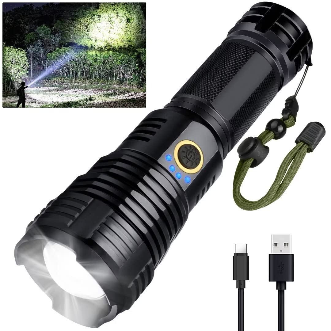 Ładowalna przez USB latarka LED o jasności 90000 lumenów, XHP70 z regulowanym zoomem, wodoodporna, mocna latarka z 5 trybami i wskaźnikiem zasilania