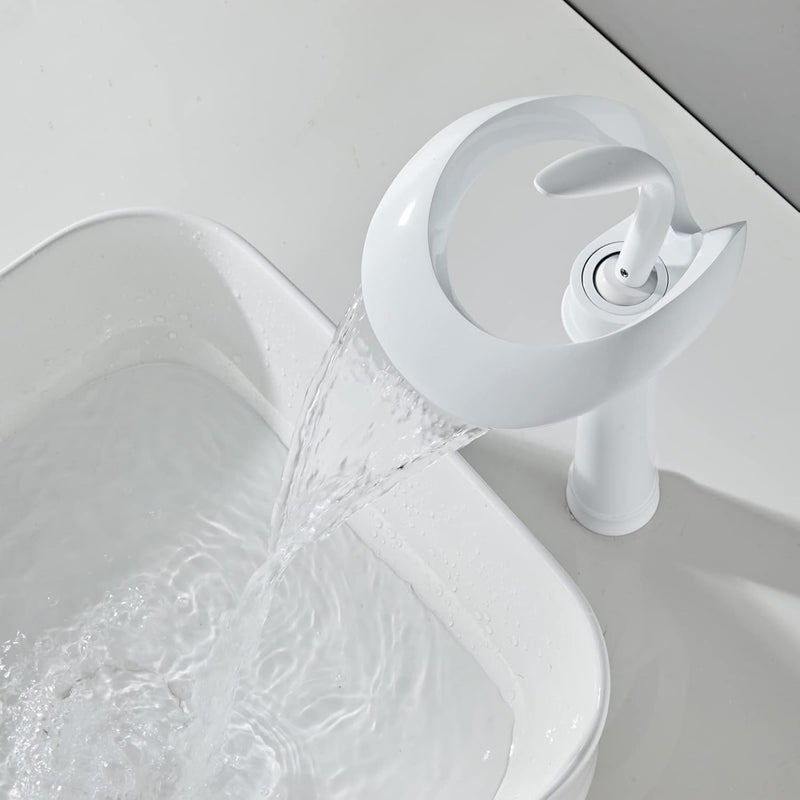 Bateria umywalkowa typu wodospad, bateria mieszaczowa typu wodospad, bateria łazienkowa jednootworowa, montowana na blacie, biała, z wężem wodnym