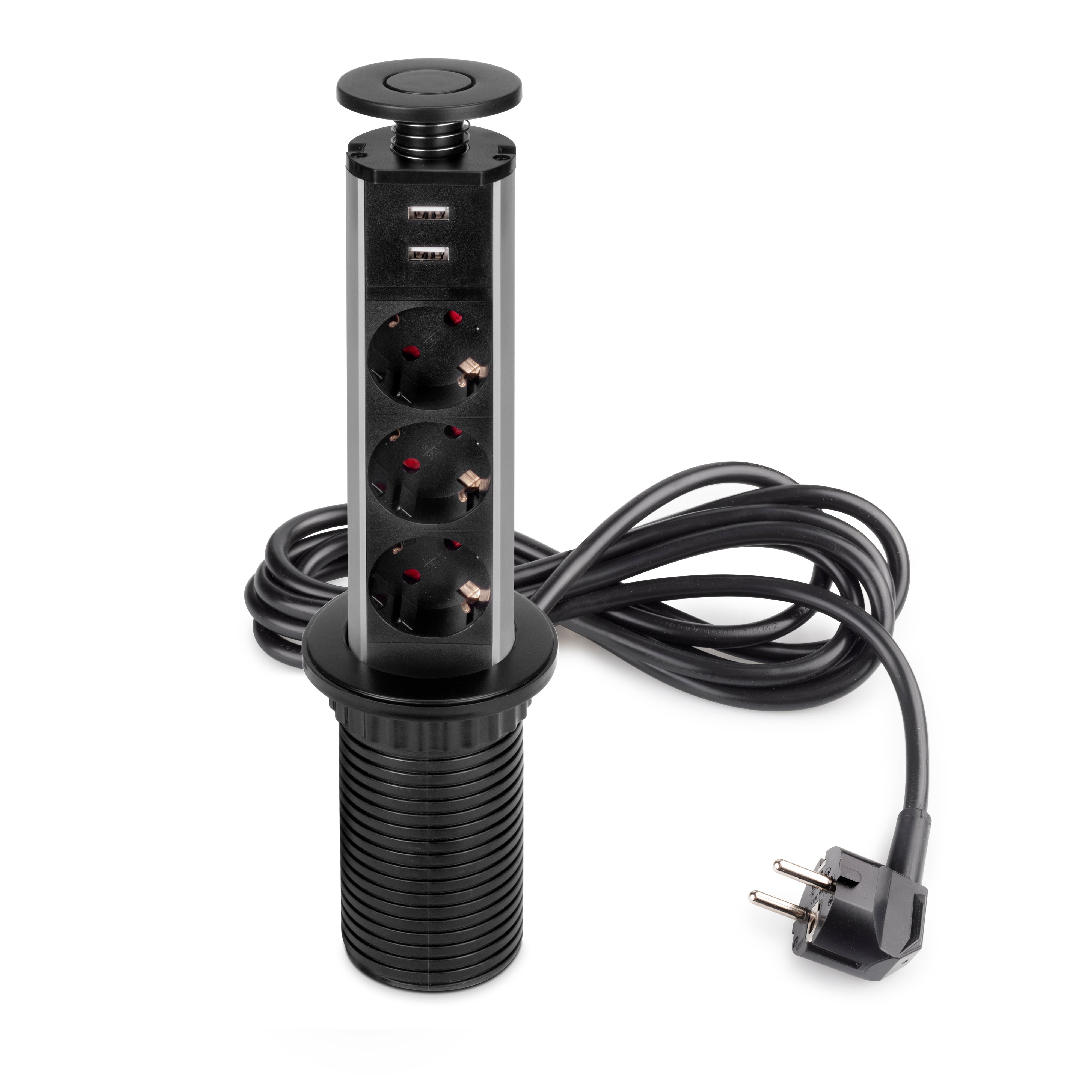 Emuca Listwa zasilająca z gniazdkami wysuwana Vertikal, 3 gniazda Schuko, 2 USB typu A, Plastik i aluminium, Malowane na czarno