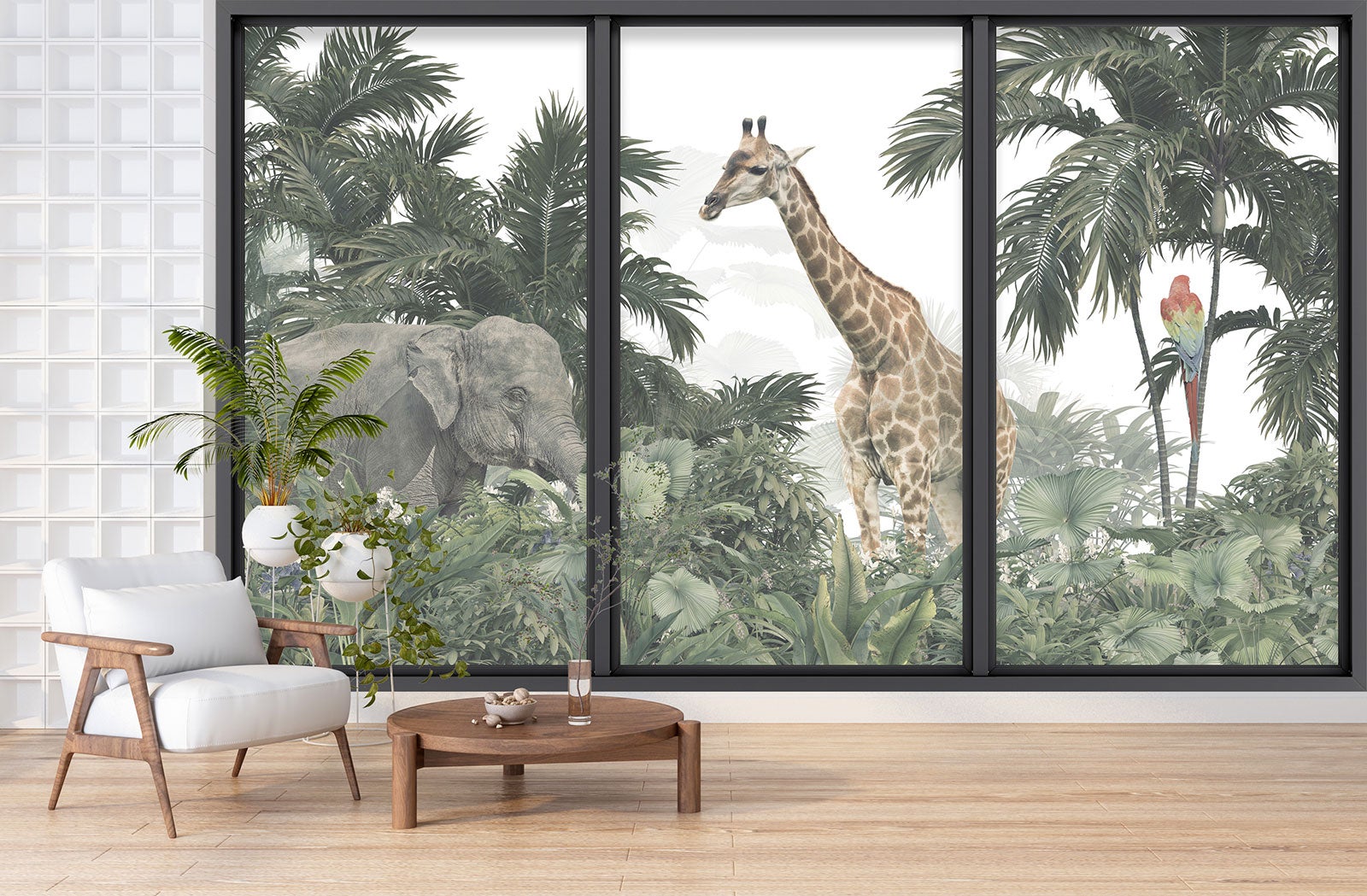 Papier peint panoramique intissé décoratif Trompe l'oeil baie vitrée - Animaux de la jungle - L260 cm x H156 cm - 3