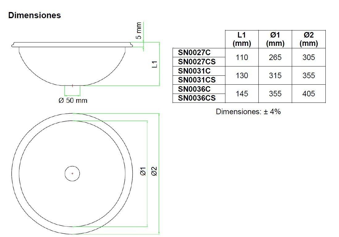 Mediclinics sn0036cs lavabo empotrable inoxidable mate