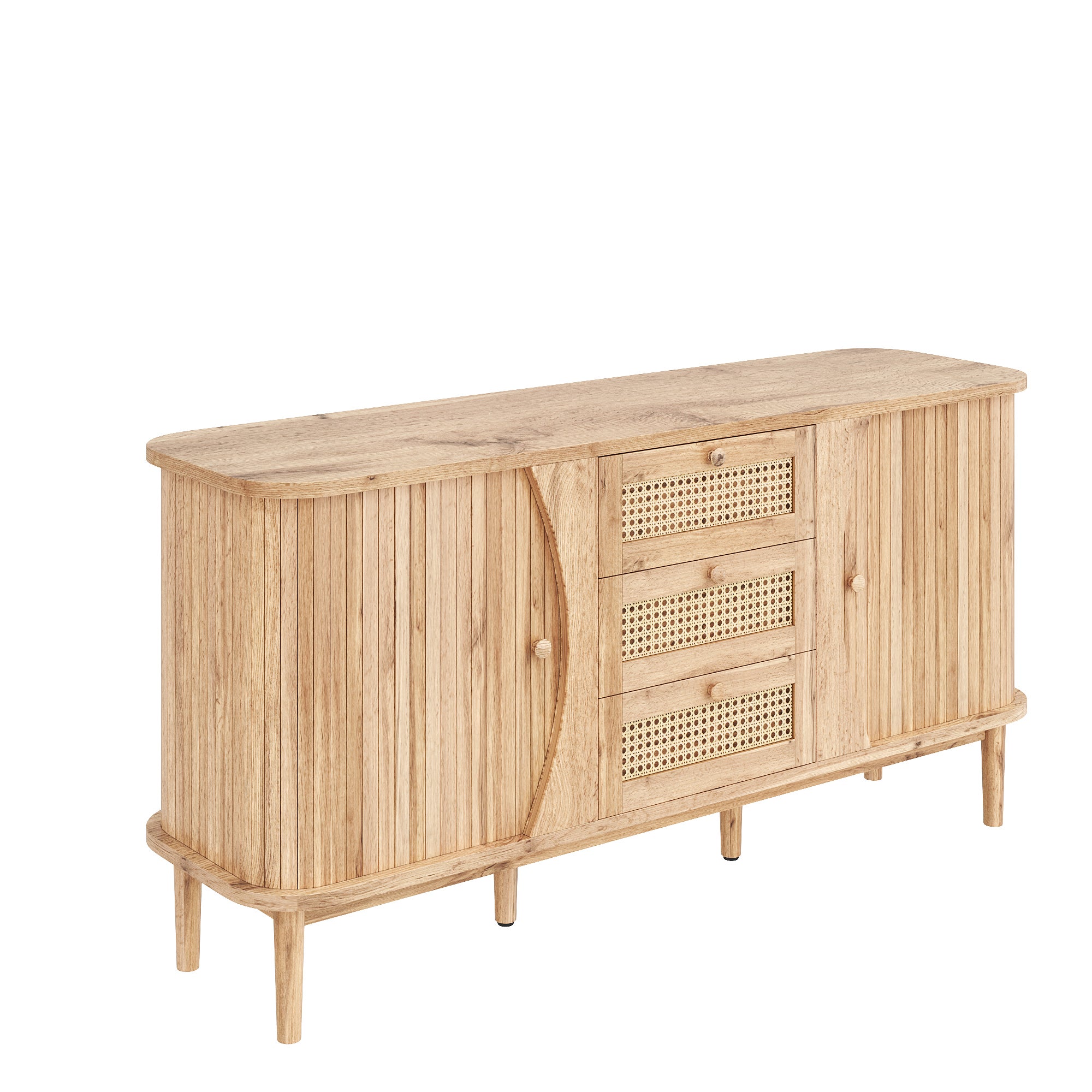 Komoda niska z 3 szufladami i 2 drzwiami przesuwnymi z rattanu - 140,5 x 40 x 76 cm - Płyta wiórowa - Naturalna - 7