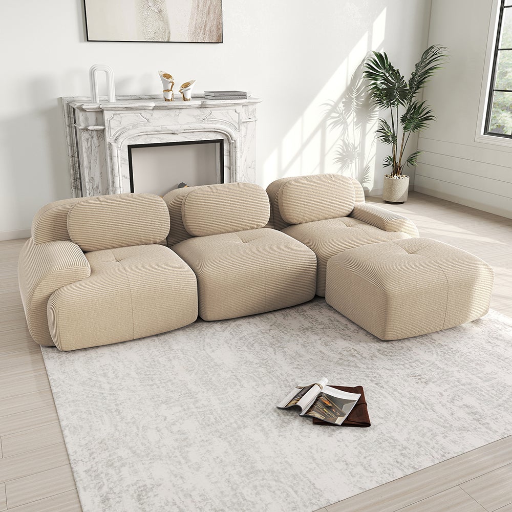 Canapé d'angle modulable, design ergonomique, revêtement en velours côtelé, accoudoirs extra-larges, beige - 2