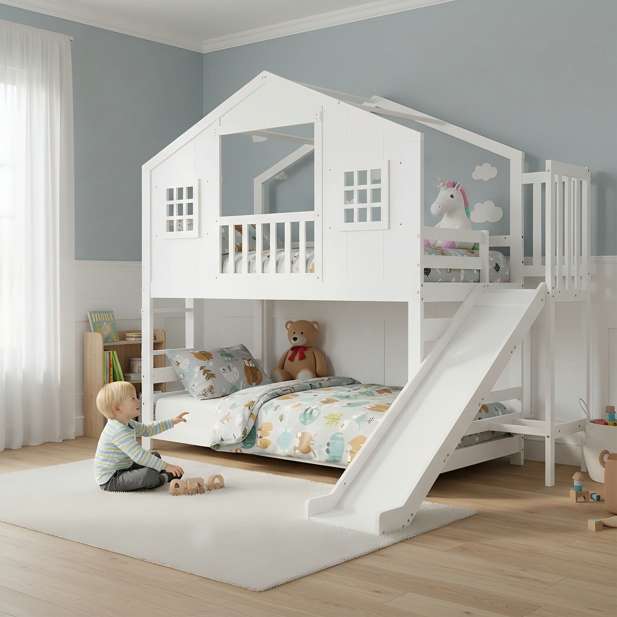 Łóżka piętrowe 2 x 90 x 200 cm ze zjeżdżalnią dla dzieci - Sosna + MDF + sklejka - Białe (Materac nie jest wliczony w cenę)