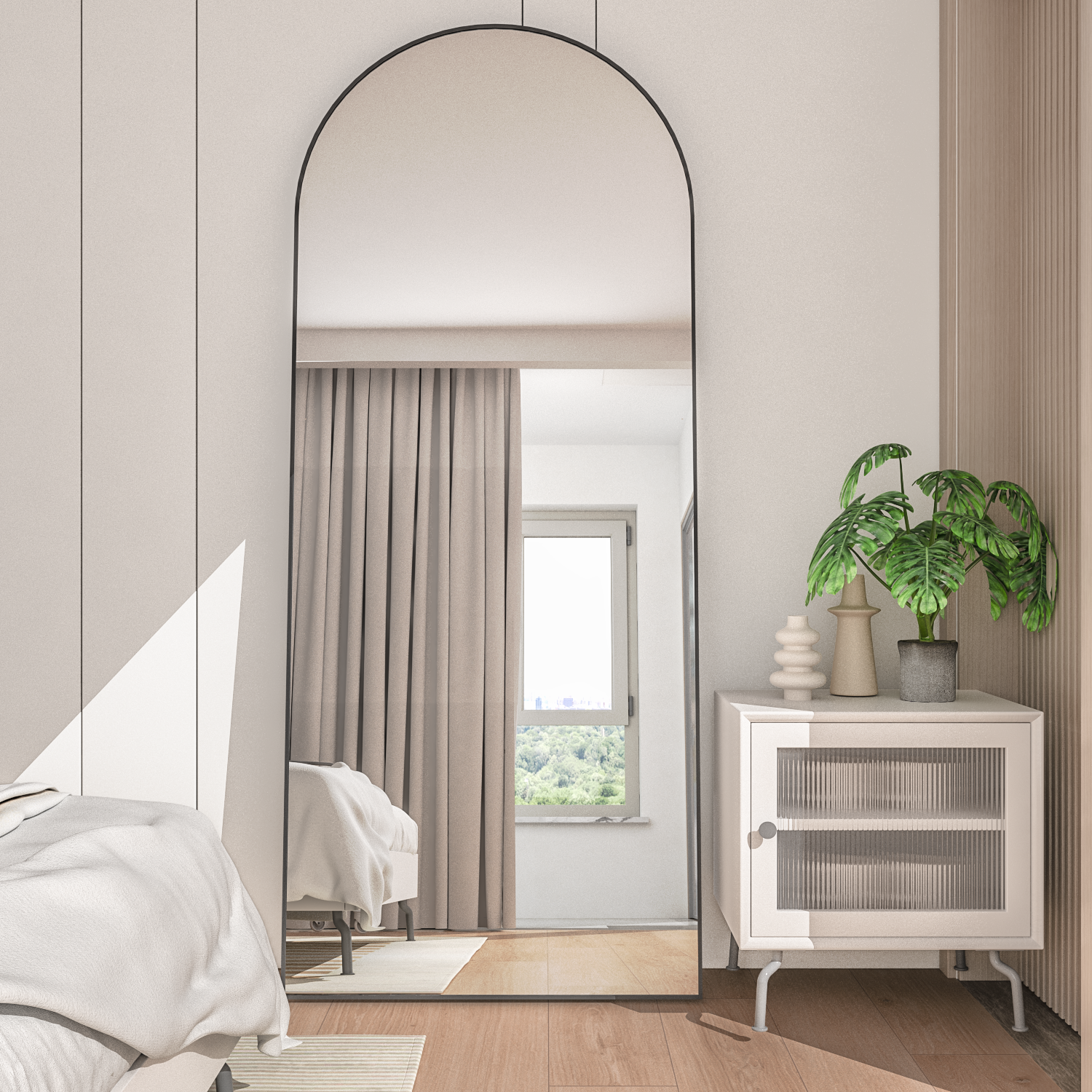 Espejo arqueado de cuerpo entero, independiente, colgante, espejo de piso grande, marco de aluminio negro, adecuado para sala de estar y dormitorio - 2