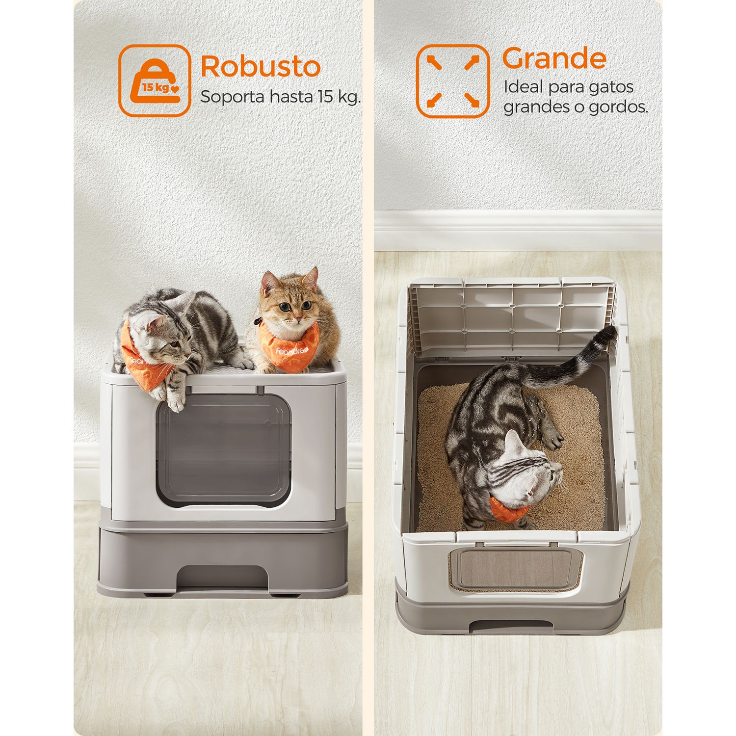 Arenero para gatos grandes con bandeja extraíble, incluye pala y cepillo, carga hasta 15 kg, sistema antifiltración y antiescapes, avena y gris cálido - 4