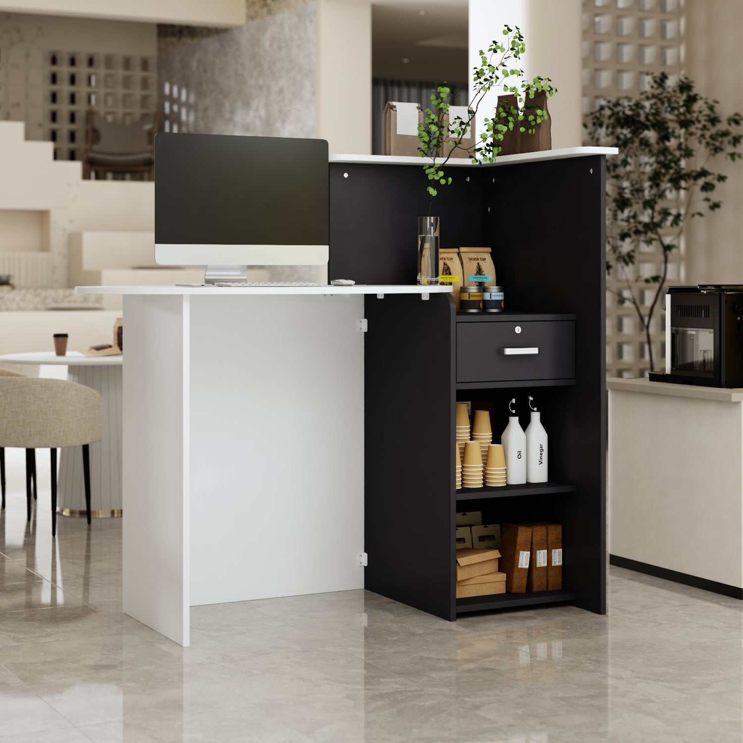 Bureau d’Accueil avec Compartiments et Tiroir, Comptoir de Réception avec Plan de Travail Ovale, Bureau,121x60x121cm, Blanc et Noir - 2