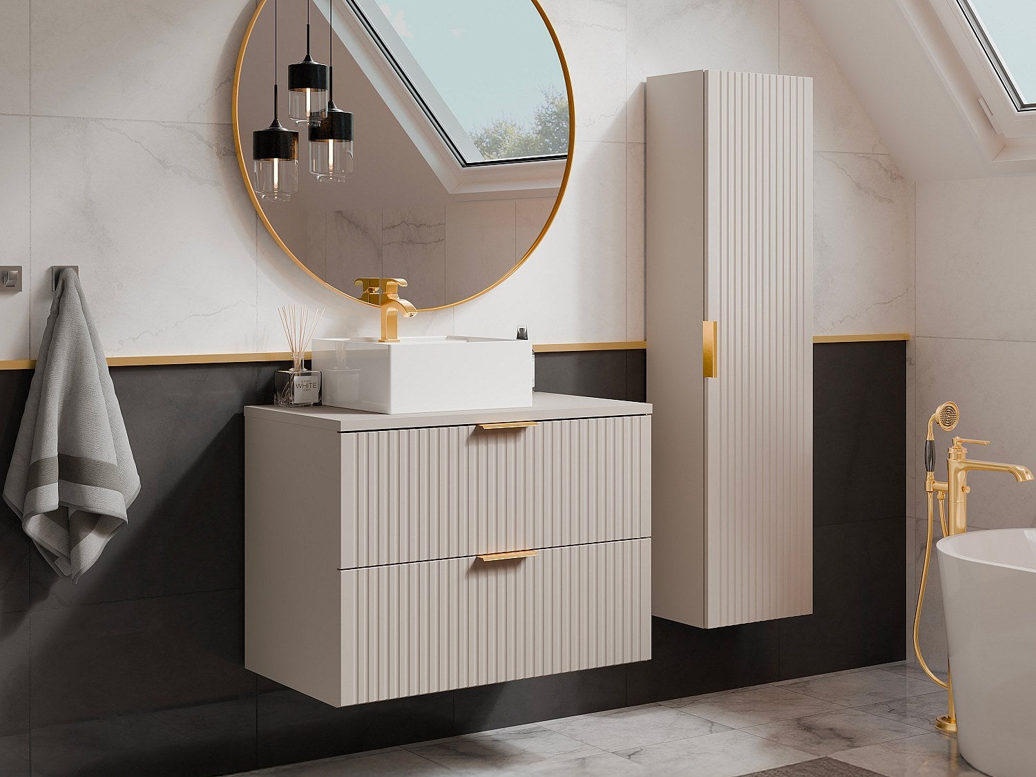 Wisząca szafka łazienkowa z prążkowaną fakturą, z kwadratową umywalką nablatową i słupkiem – kolor beżowy – 80 cm – ZEVARA