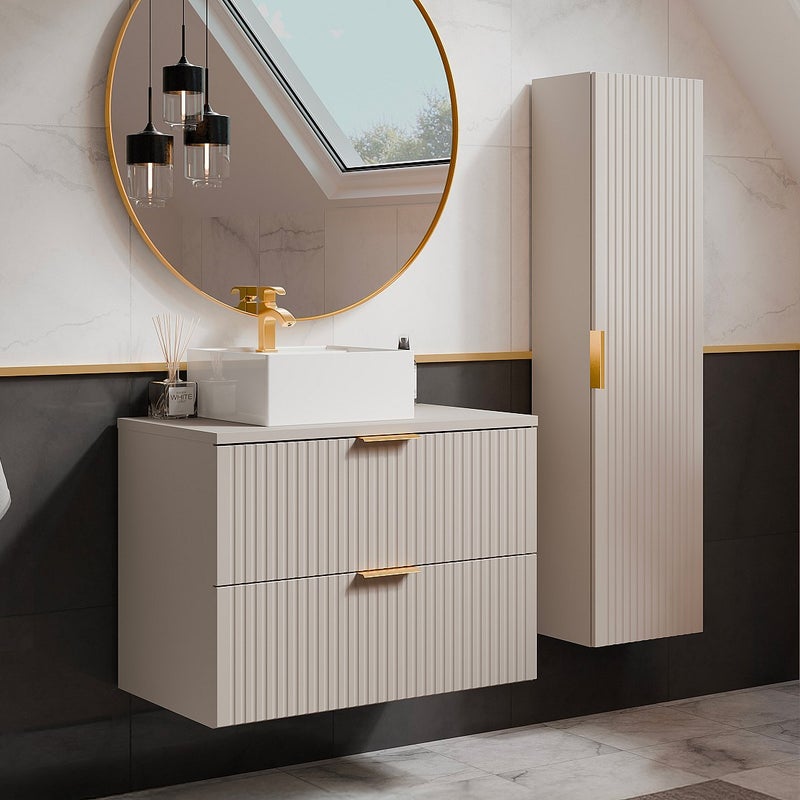 Wisząca szafka łazienkowa z prążkowaną fakturą, z kwadratową umywalką nablatową i słupkiem – kolor beżowy – 80 cm – ZEVARA