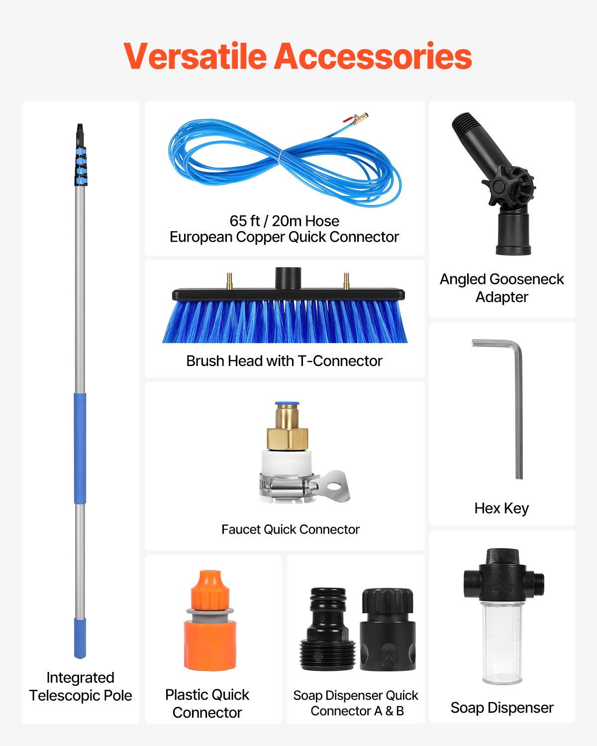 Kit perche télescopique 9 m,VEVOR brosse PP rotative 180°,tuyau 20 m,outil nettoyage panneaux solaires/vitres alimenté eau - 6