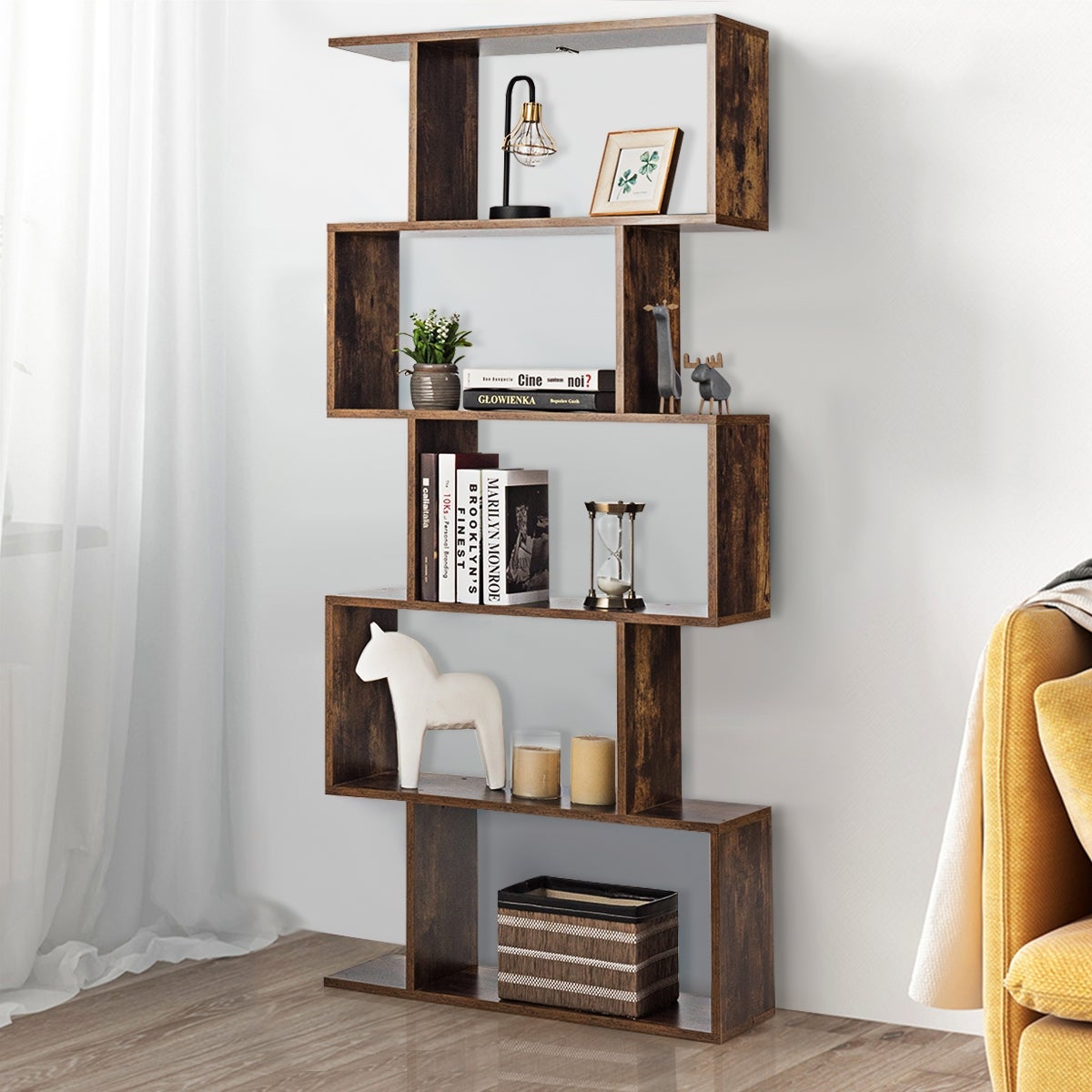 Estantería industrial 5 baldas madera multiusos separador ambientes salón dormitorio oficina marrón rústico 70x24x158cm