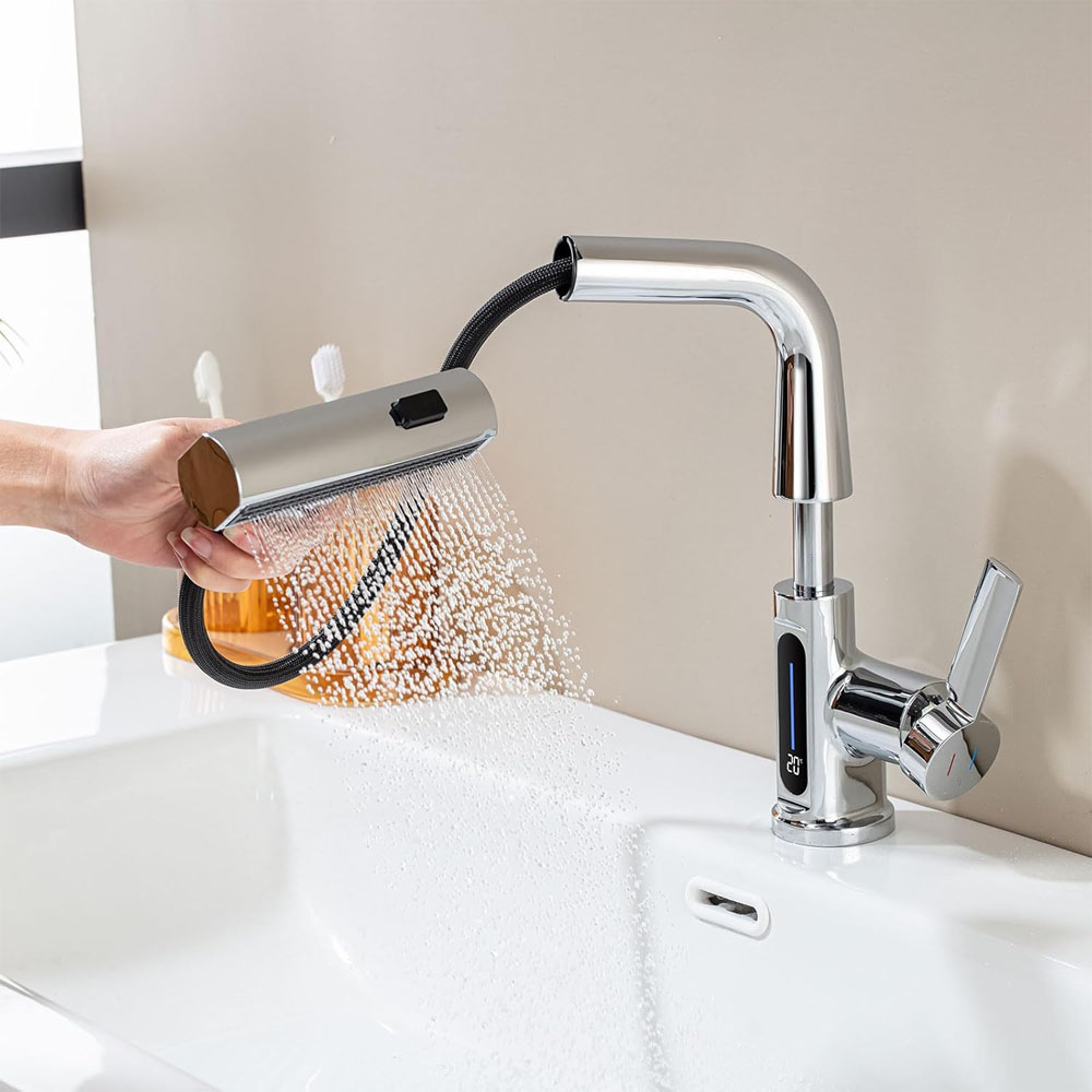 Chromowana bateria umywalkowa do łazienki, obrotowa 360°, ze wskaźnikiem temperatury LED, z 3 wyciąganymi wylewkami, regulowana wysokość