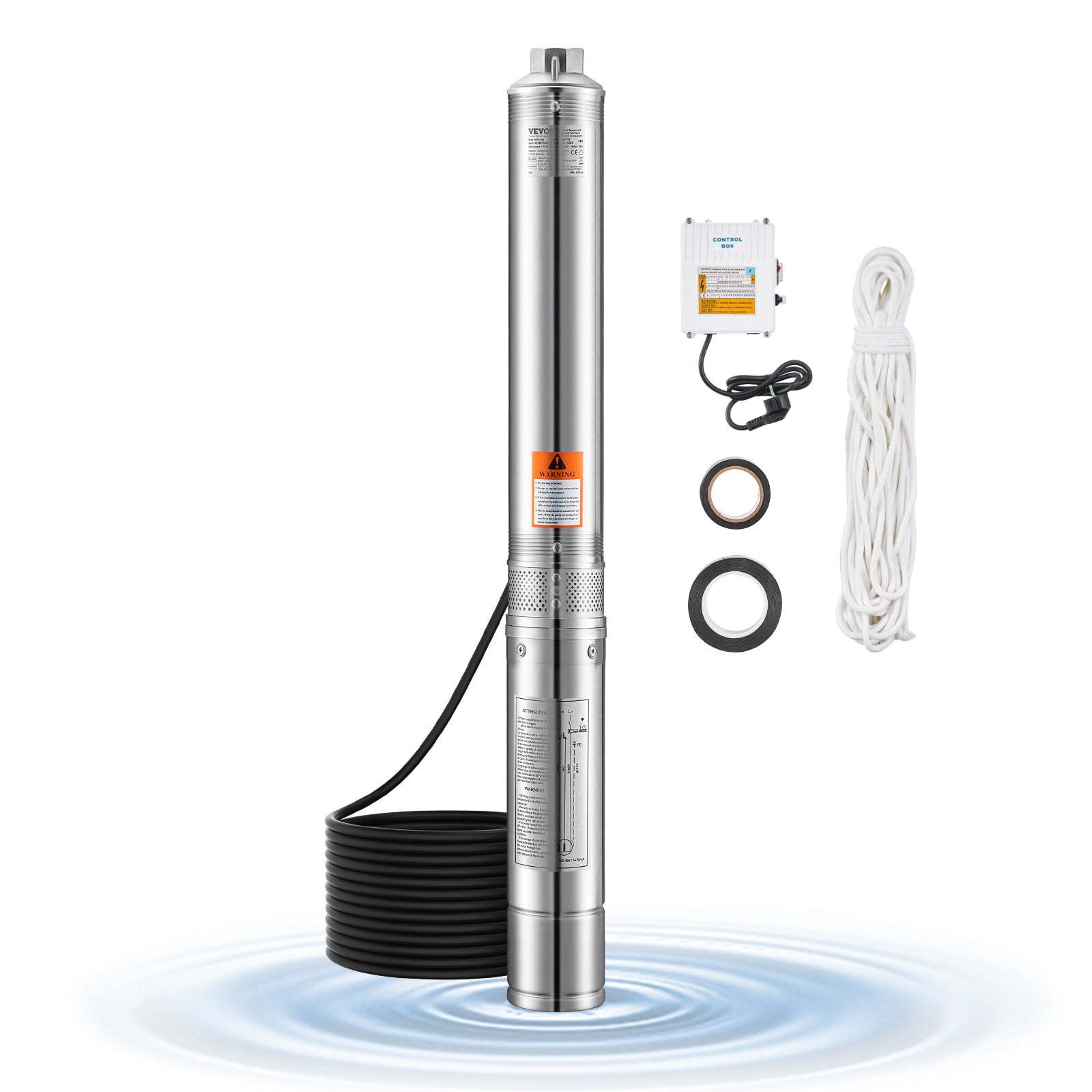 Pompă VEVOR submersibilă 550W pentru puțuri adânci, oțel inoxidabil, debit 3900L/H, înălțime de apă 85m, cablu 20m, cutie de control externă, IP68
