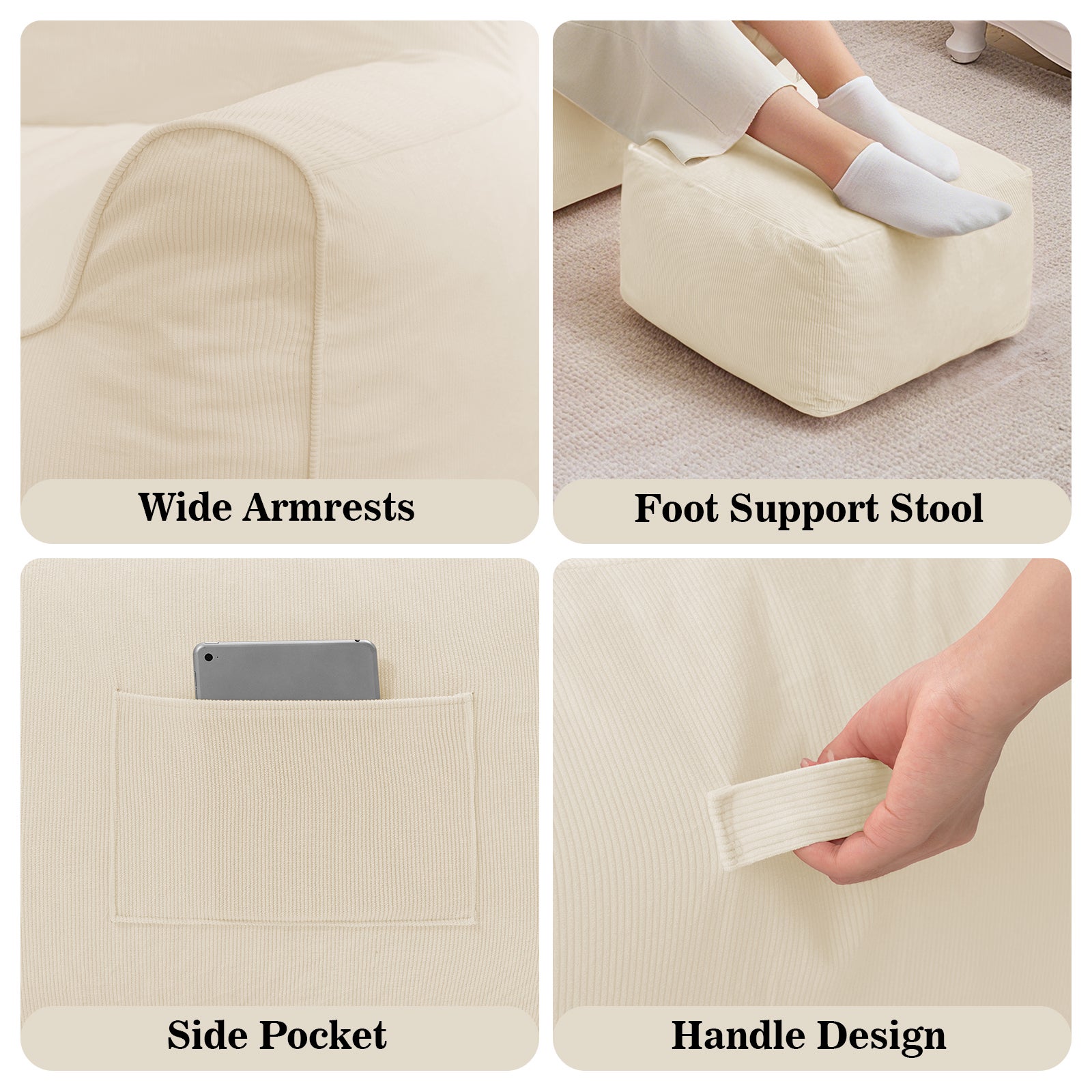 Poltrona in velluto a coste, poltrona a sacco con poggiapiedi, 90x75x75cm, per camera da letto, soggiorno, regalo di Natale - Beige - 6