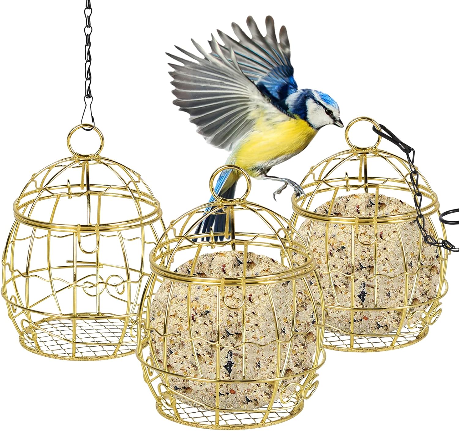 Złoty karmnik dla ptaków, zestaw 3 wiszących, sferycznych karmników dla ptaków, metalowy karmnik dla ptaków odporny na wiewiórki, karmnik zewnętrzny d