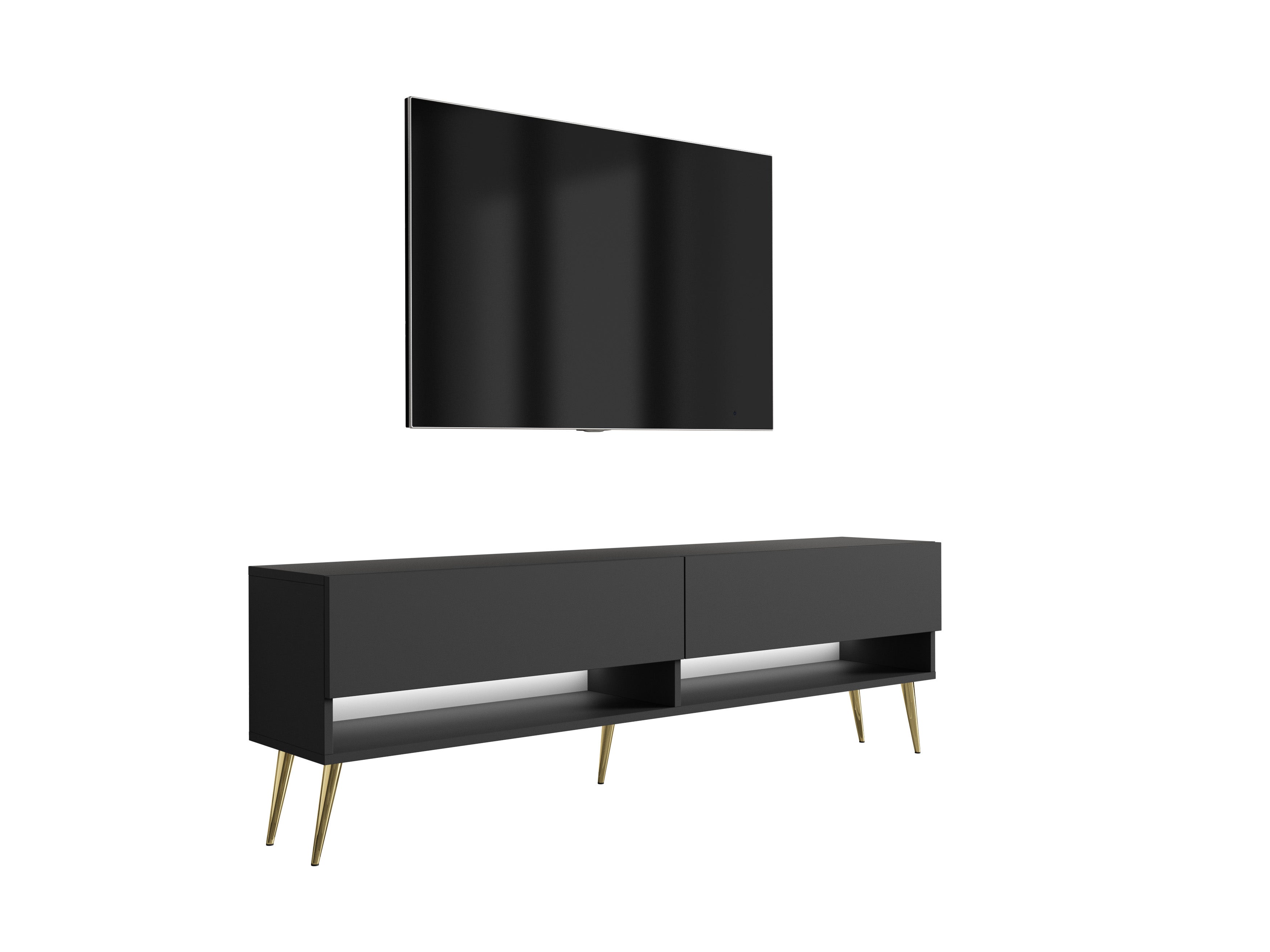 Szafka RTV : Czarny Mat, nóżki pochyłe złote, LED biały, 170 × 32 × 52 cm