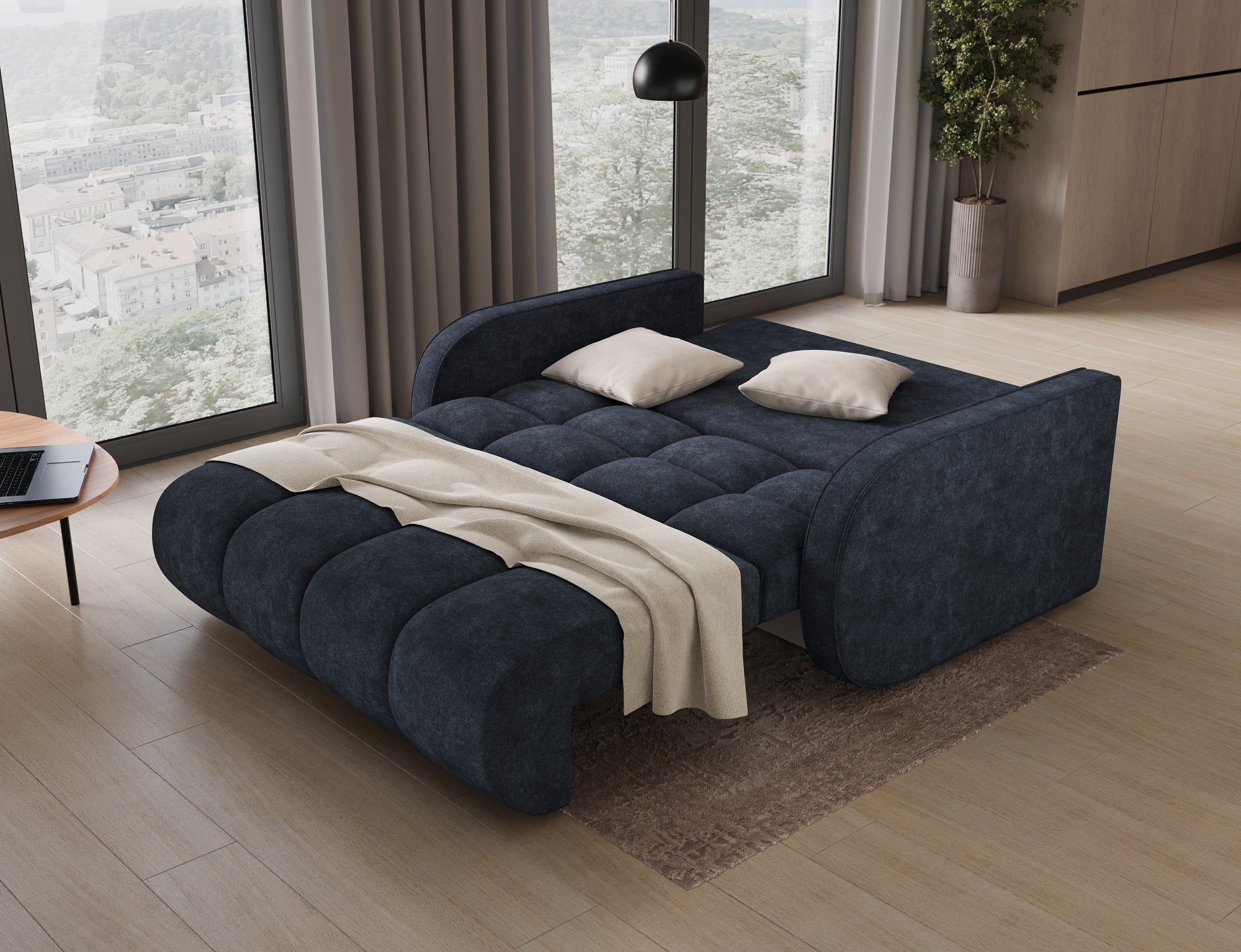 Petit canapé convertible 2 places tissu DENVERS 154cm – Avec coffre de rangement-Noir - 8