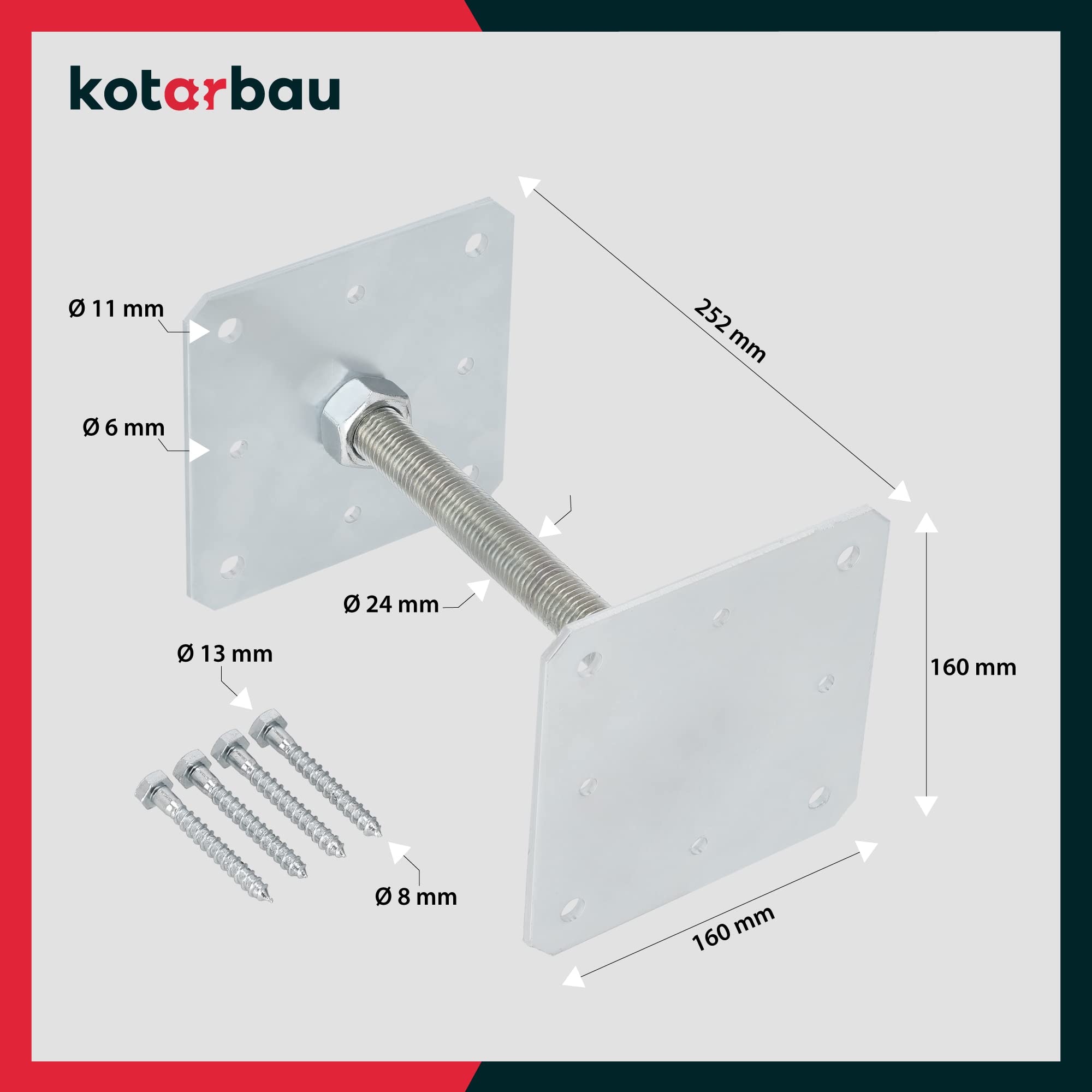 Podstawa Słupa Regulowana - 160 X 250 MM - Wspornik z Prętem Do Betonu - Kotwa Stalowa - Zestaw 8 SZT KOTARBAU - 5