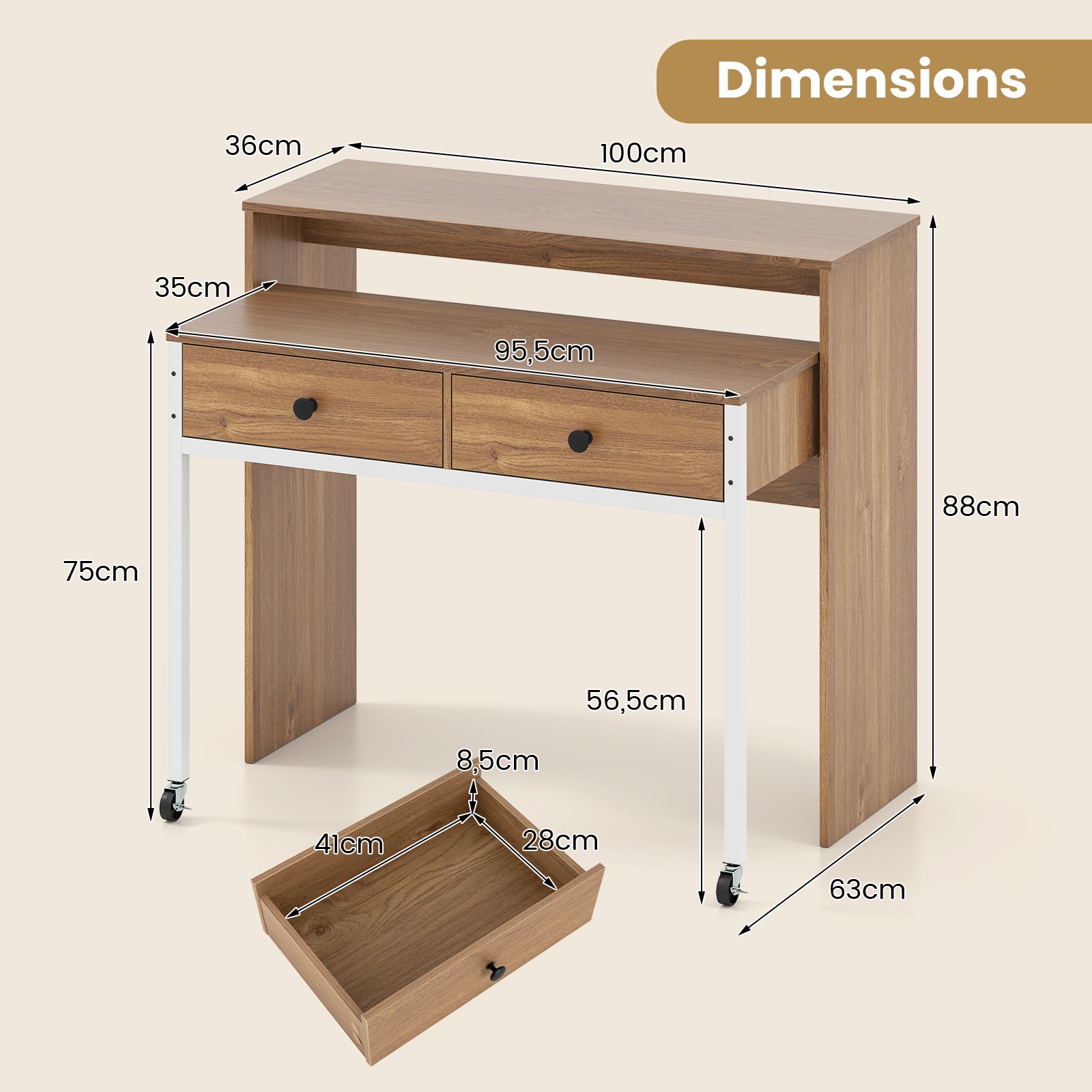 Bureau Extensible Mobile, Table d'Ordinateur Gain de Place avec Tiroirs, Bureau Console en Bois Compacte avec Roulettes pour Salon, Chambre, Naturel - 8