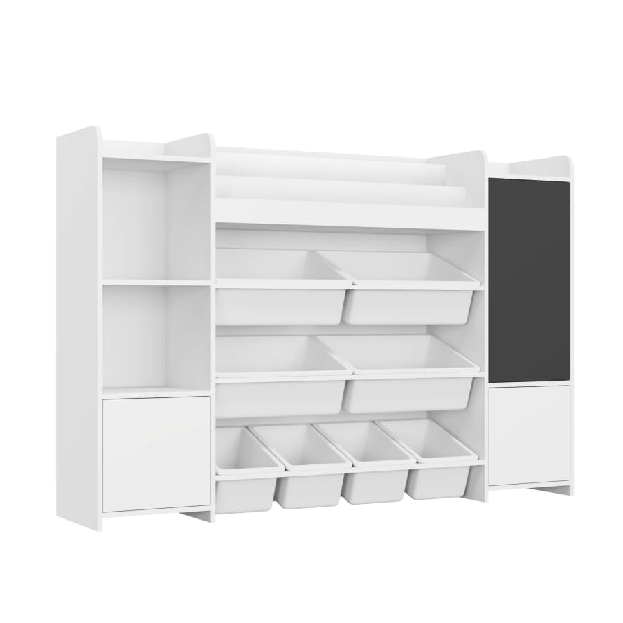 Étagère de rangement jouets enfants 4 niveaux : 100% bois massif (blanc), 8 bacs en plastique + 4 compartiments. - 2